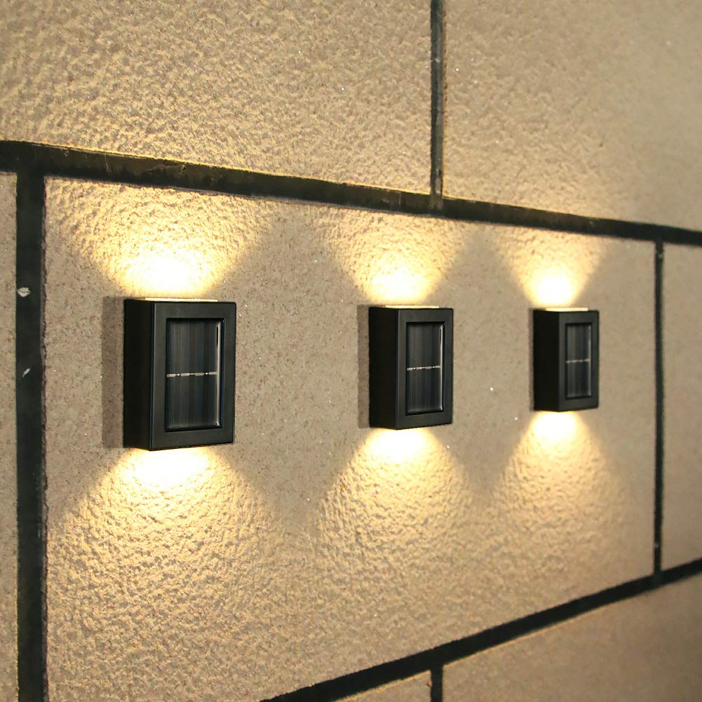 CALIDAKA 2 Pack LED Solar Wall Lights - Waterproof IP65 Outdoor Security Lighting, Up & Down Solar Fence Lights for Garden, Porch, Pathway (Warm White) | Perfect for Home Exterior, Backyard & Landscape Illumination