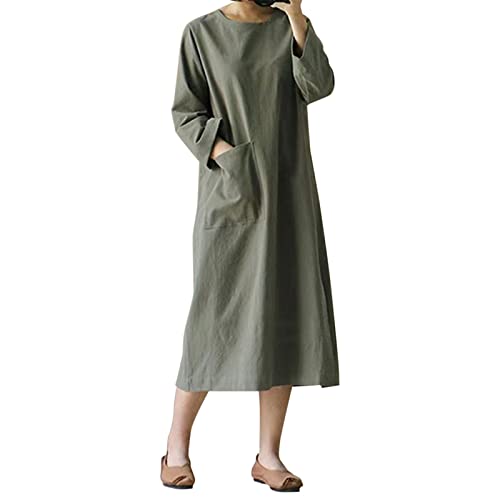 Women's Long Sleeve O-Neck Solid Color Vintage Casual Dress with Pockets - Black Prom Dress Puffy Sleeves (Army Green, Size M) | Perfect for Parties, Weddings & Everyday Wear