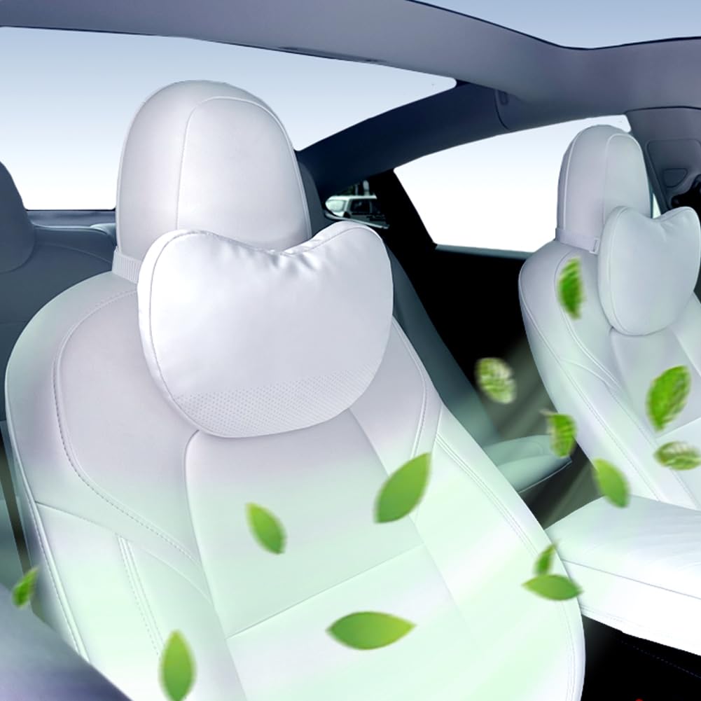 Premium Tesla Neck Pillow for Model Y/3/X/S - 2 Pack Adjustable Nappa Leather Headrest Support - Ergonomic Design for Car Travel & Office Use (White)