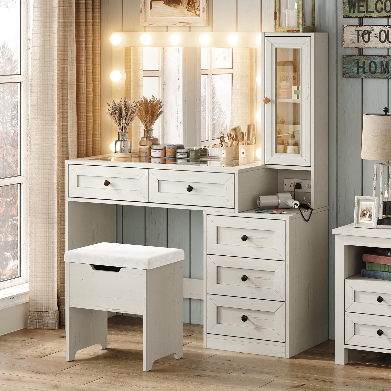 Farmhouse Vanity Mirror with LED Lights - Large Makeup Dressing Table Set with Glass Top, Built-in Charging Station & Power Outlet, 3 Adjustable Lighting Modes - Perfect for Bedroom, Bathroom or Dressing Room (White)