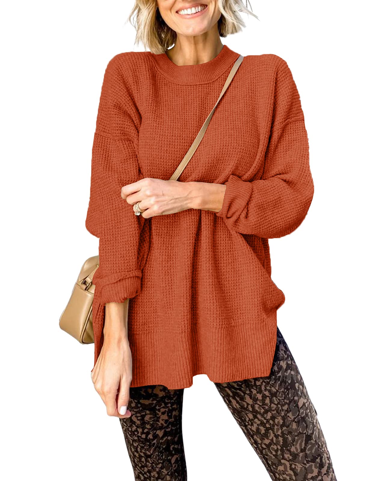 Popheartgo Women's Oversized Waffle Knit Sweater - Crew Neck Long Sleeve Pullover with Side Split | Casual Fall Winter Jumper Tops for Everyday Wear, Office & Date Nights