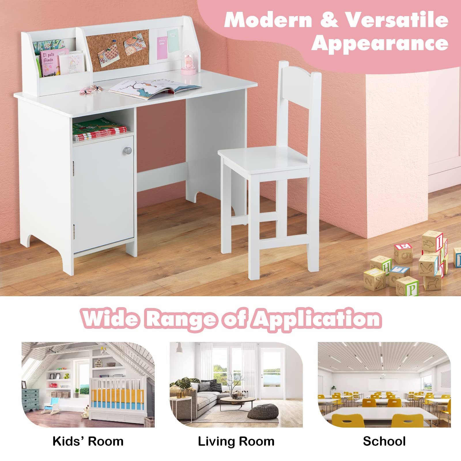 Costzon Kids Desk and Chair Set - Adjustable Wooden Study Table with Storage, Hutch, Cork Board & Whiteboard | Ergonomic Children's Writing Desk for Homework, Online Learning & Bedroom | Perfect for School, Homeschool & Small Spaces (White)
