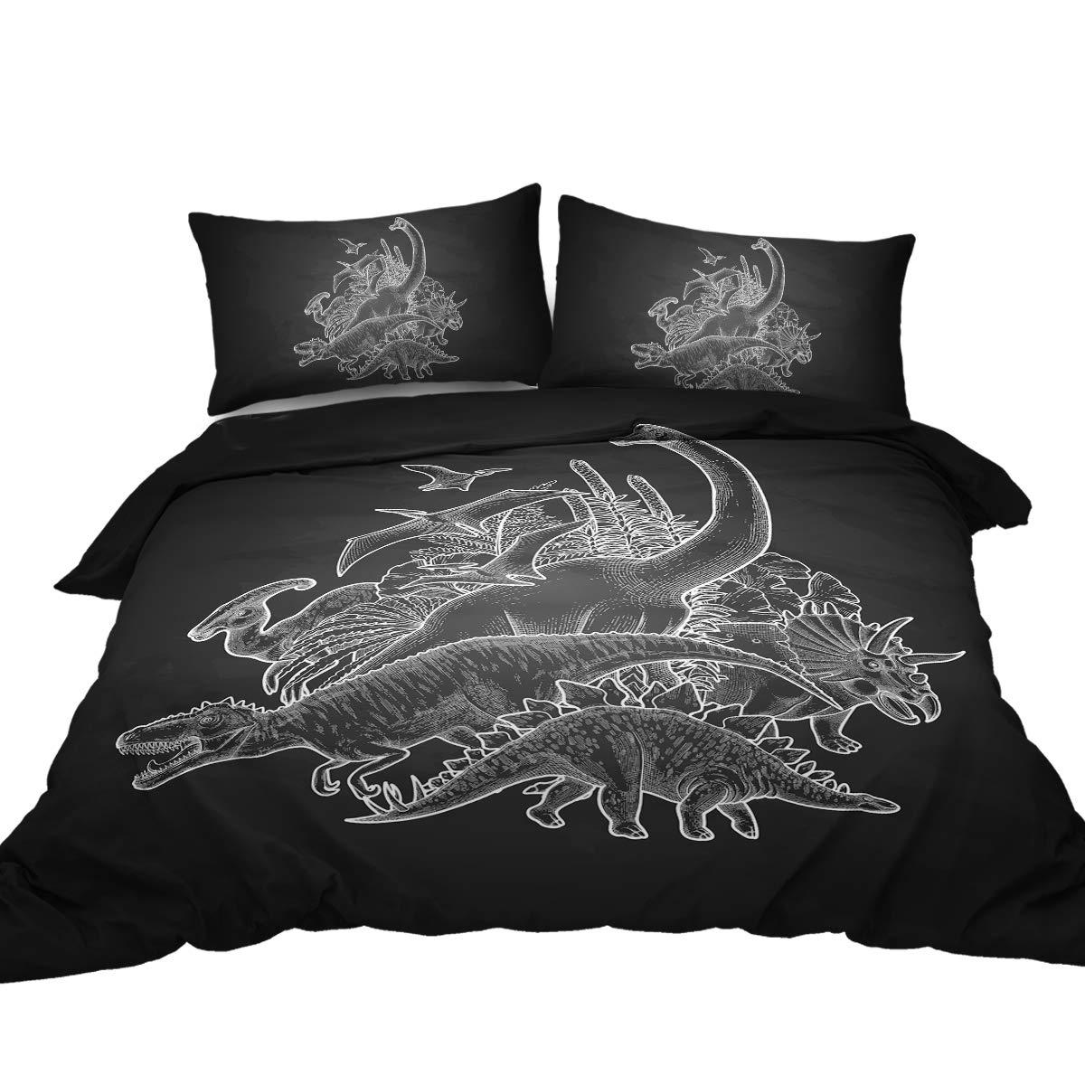 BlessLiving Dinosaur Bedding Set - Vintage Black & White Dino Print Twin Size Duvet Cover with Pillowcases (3-Piece) | Realistic Dinosaur Pattern for Boys' Room Decor | Perfect for Kids Bedroom, Dinosaur Themed Nursery & Gift Ideas