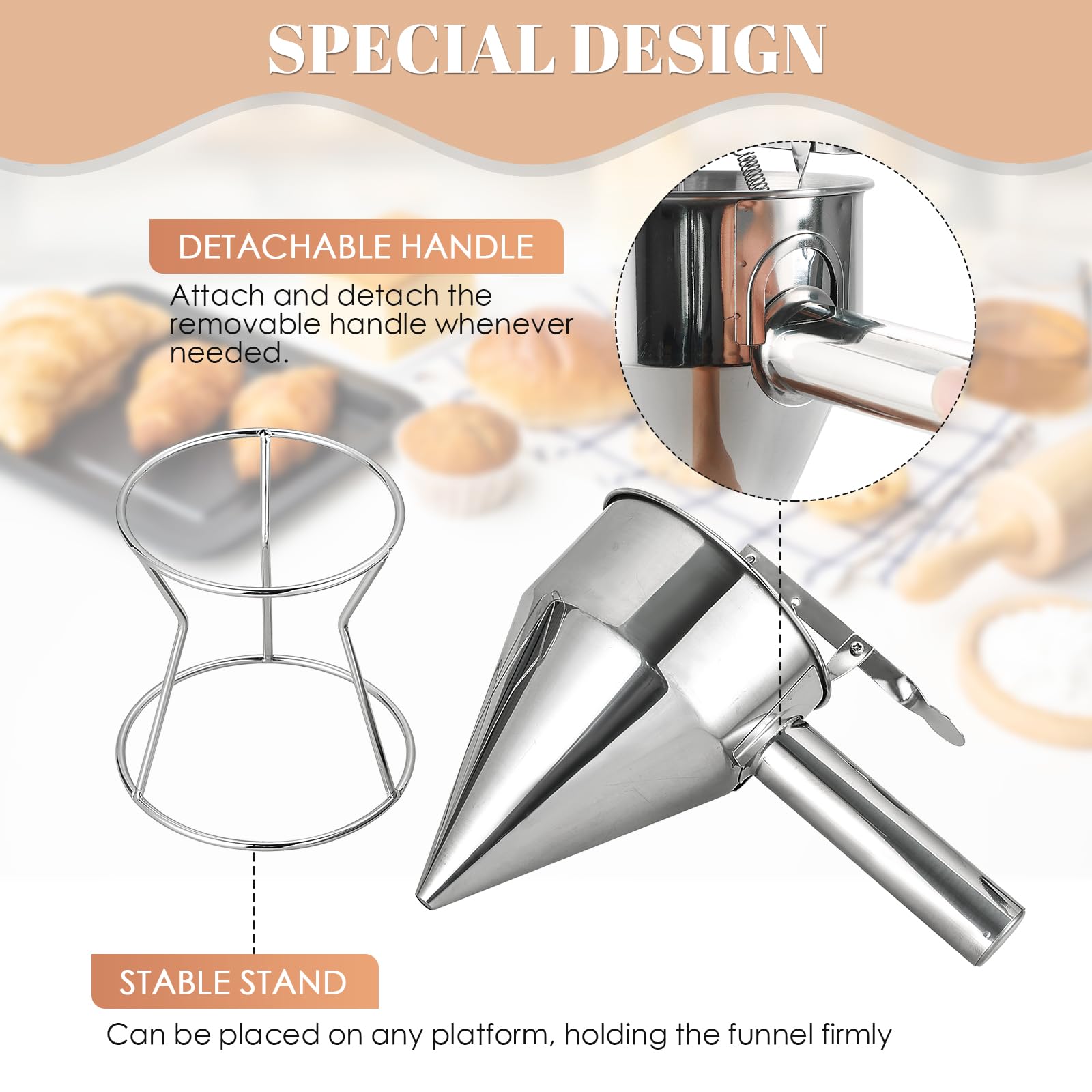 MAOPINER 600ML Stainless Steel Pancake Batter Dispenser - Commercial Grade Piston Funnel Cake Maker for Takoyaki, Waffles & Baking | Chocolate & Confectionery Dispenser with Stand (20OZ) | Perfect for Breakfast Cafes, Food Trucks & Home Baking