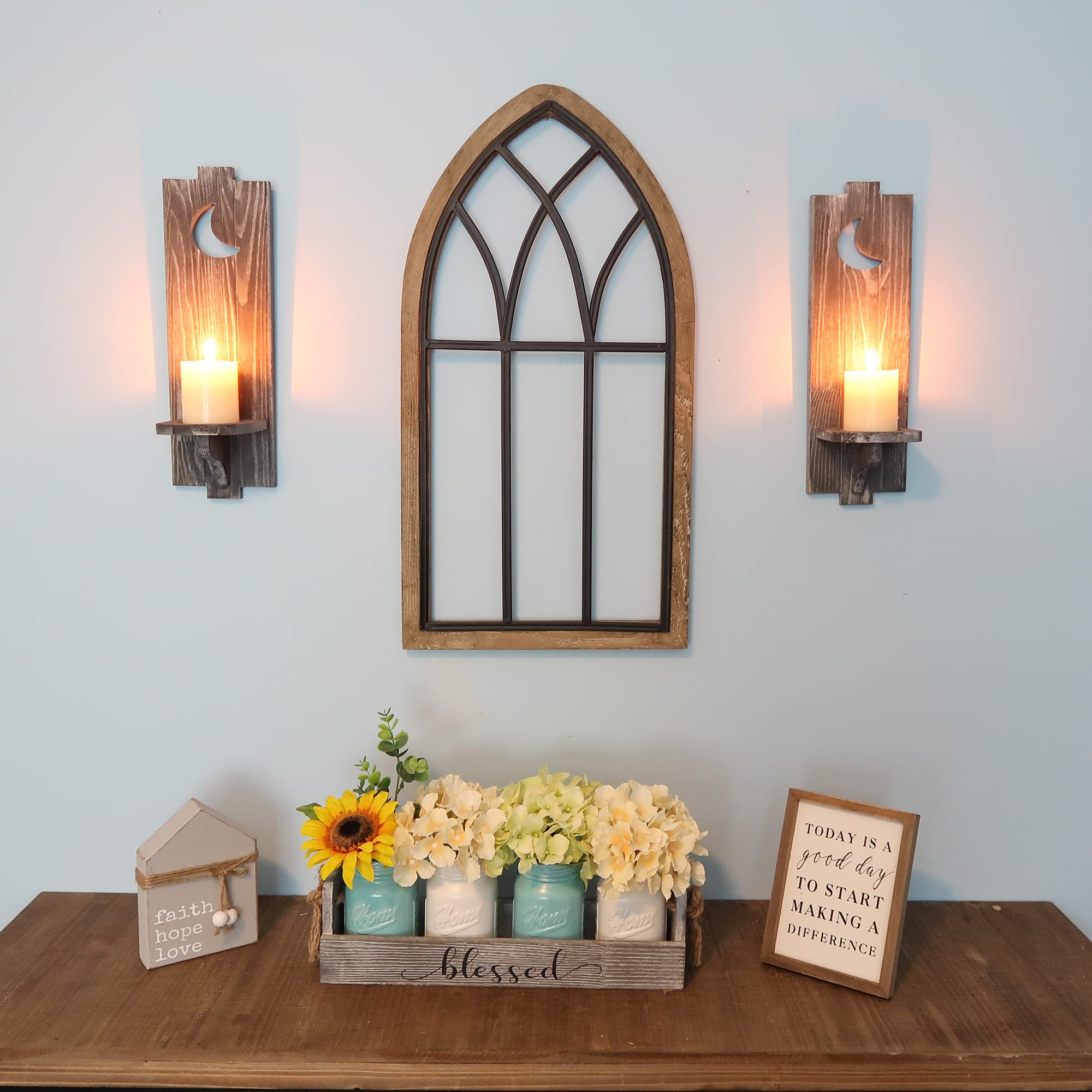 Set of 2 Besuerte Wooden Candle Holders - Farmhouse Wall Sconces for Dining Room & Living Room Decor - Elegant Grey Candle Wall Sconces for Wedding, Dinner Party & Cozy Home Ambiance