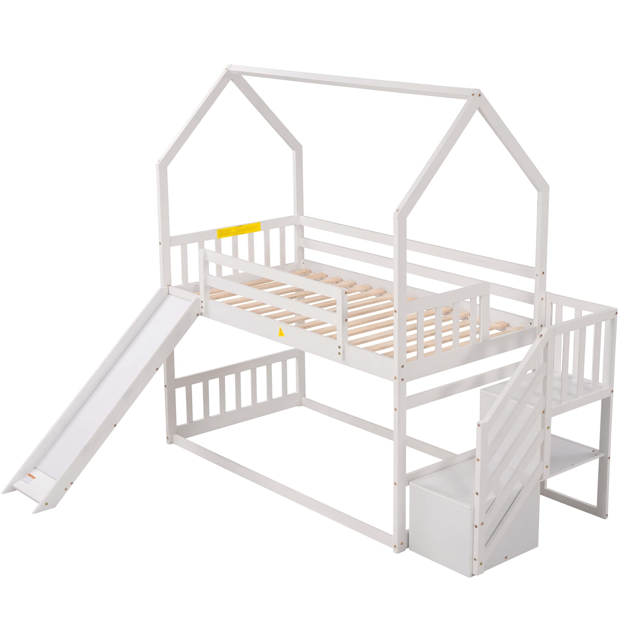 Twin Over Twin House Bunk Bed with Slide & Stairs - Kids Storage Bunk Bed for Boys & Girls (White) - Perfect for Small Bedrooms & Playrooms
