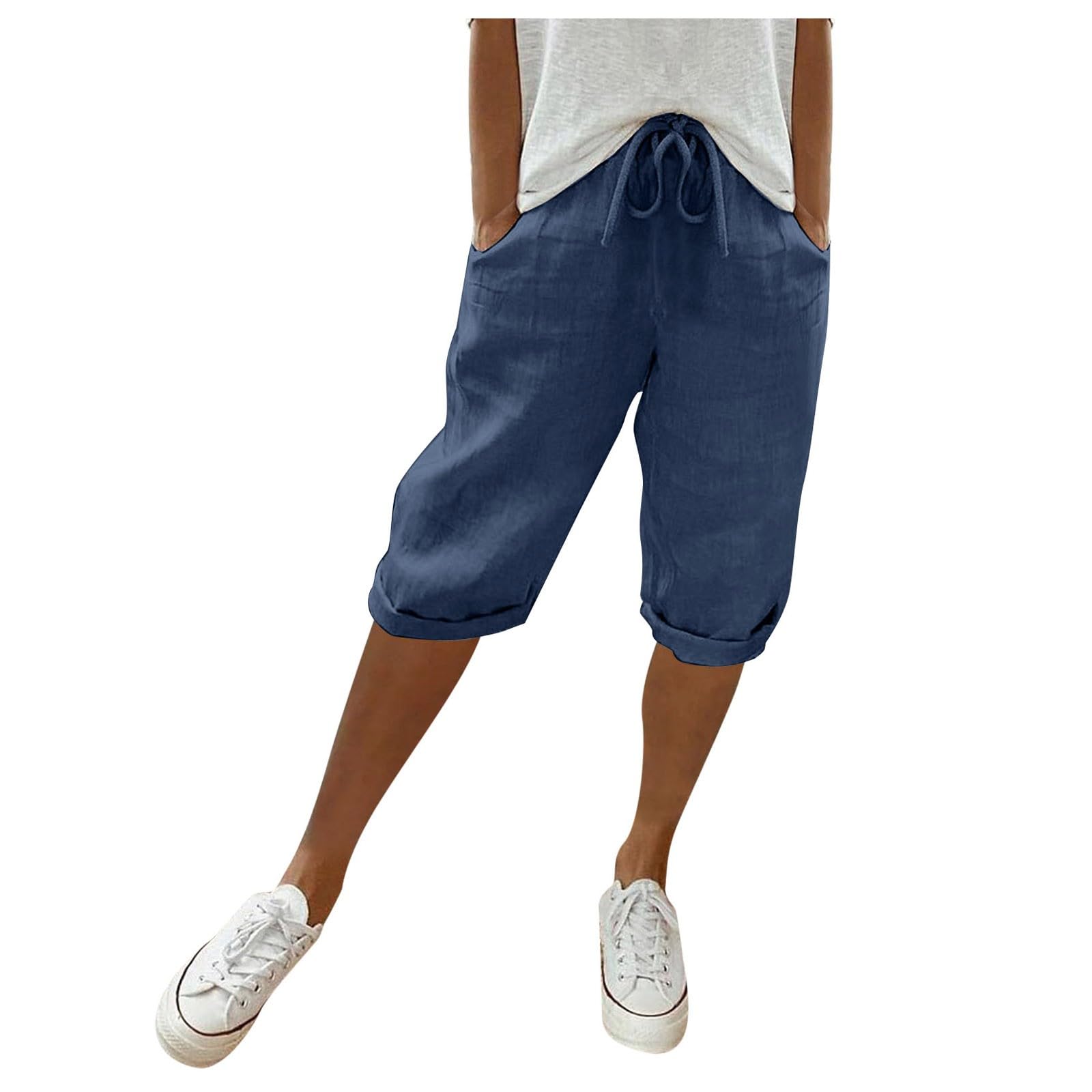Women's Linen Bermuda Shorts - High Waisted Summer Casual with Drawstring | Plus Size Beach & Lounge Wear