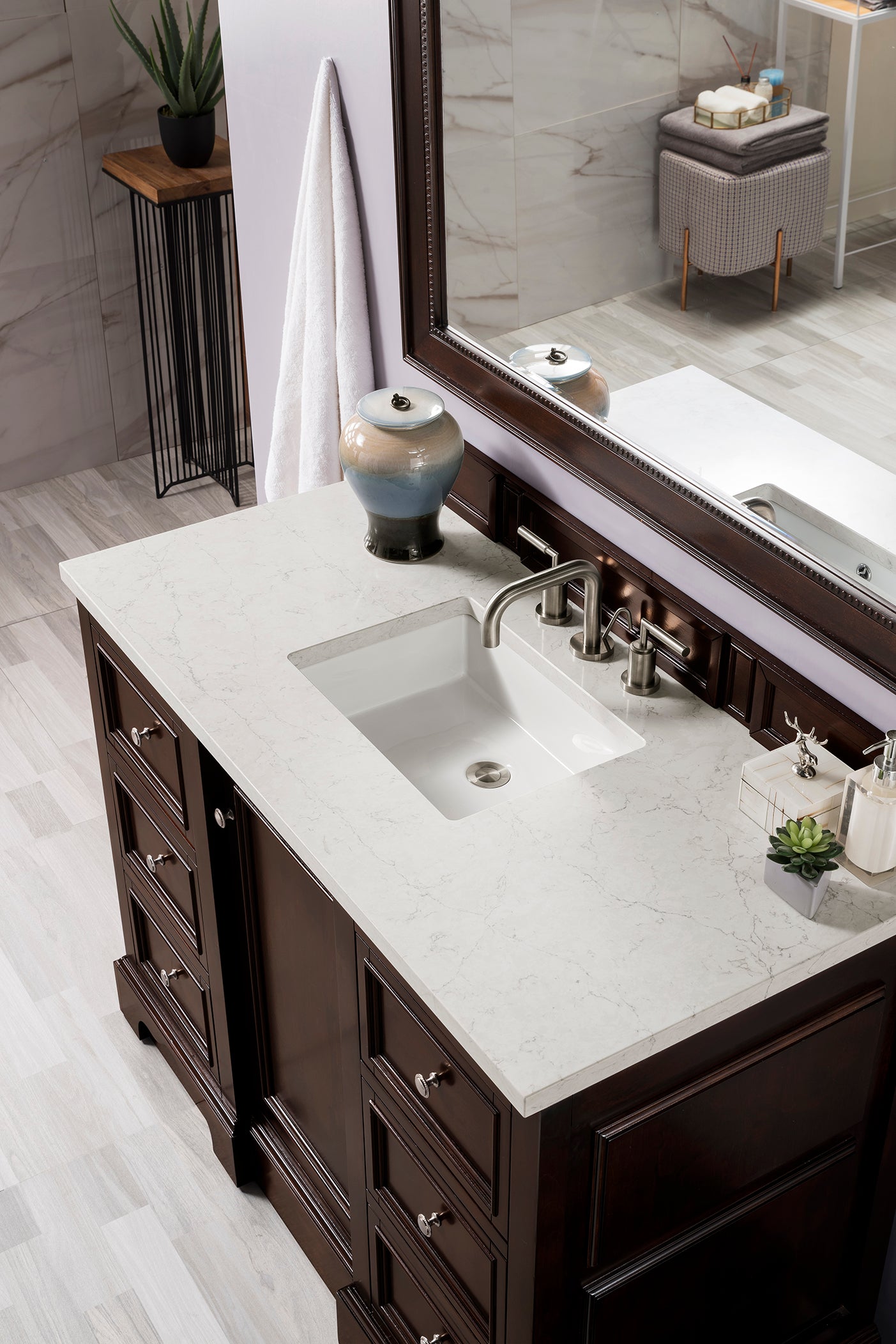 De Soto 48 Inch Single Bathroom Vanity with Burnished Mahogany Finish & 3CM Eternal Jasmine Pearl Quartz Countertop - Perfect for Modern Master Bathrooms and Powder Rooms