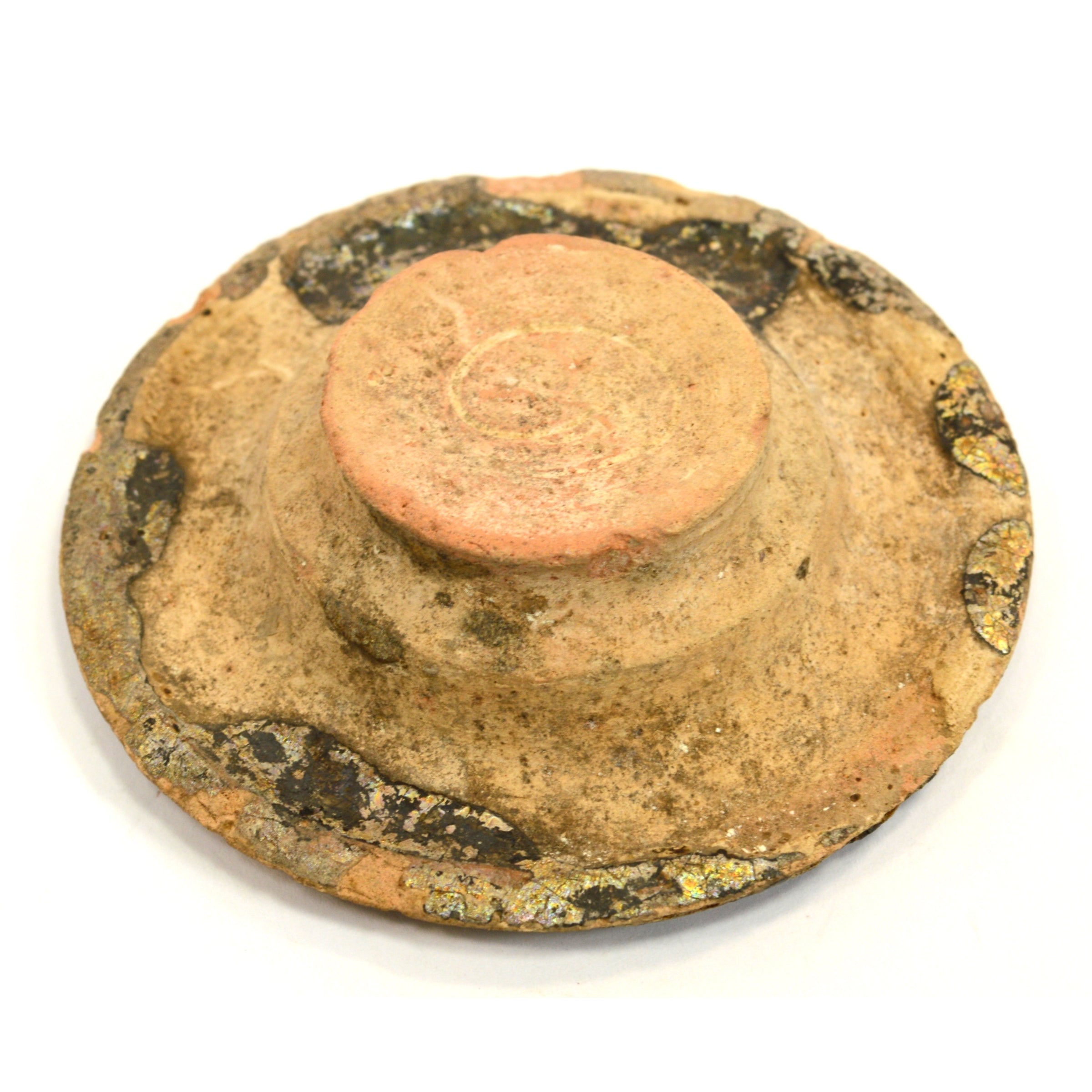Ancient Terracotta Pottery Vessel Lid with Heavy Iridescence - Authentic Pre-Columbian Artifact for Home Decor & Museum Display
