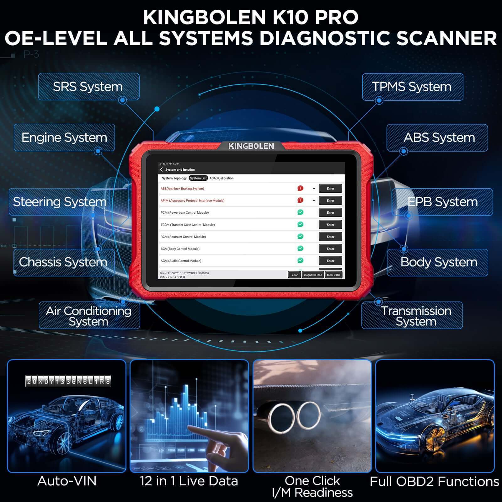 Kingbolen K10 Elite CANFD & DoIP OBD2 Scanner - 40+ Resets, All System Car Diagnostic Tool with ECU Coding & Active Test Guide - Perfect for Mechanics, DIY Enthusiasts & Auto Repair Shops
