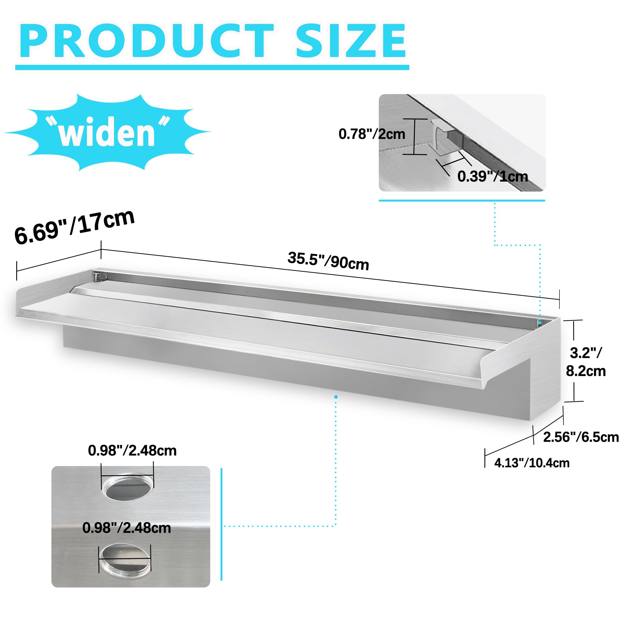 304 Stainless Steel Pool Fountain Waterfall with Wide Water Flow Platform - Outdoor Patio Waterfall Spillway Decor (35.5 Inch) - Perfect for Backyard Pools, Garden Landscaping & Relaxing Water Features