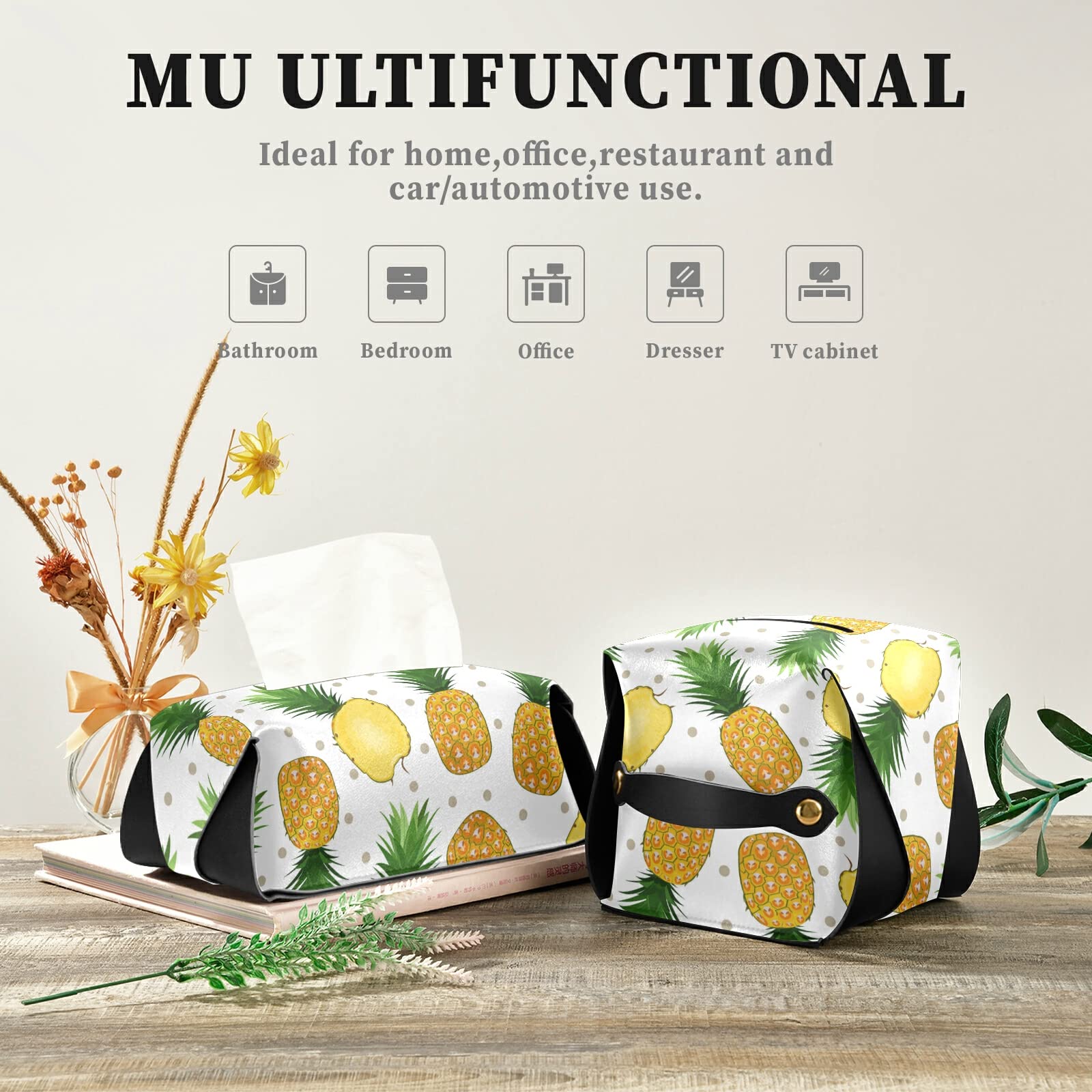 Pineapple PU Leather Tissue Box Cover - Rectangular Tissue Holder with Handle for Home & Car Decor | Perfect for Living Room, Bedroom, Office & Vehicle Interior Decoration