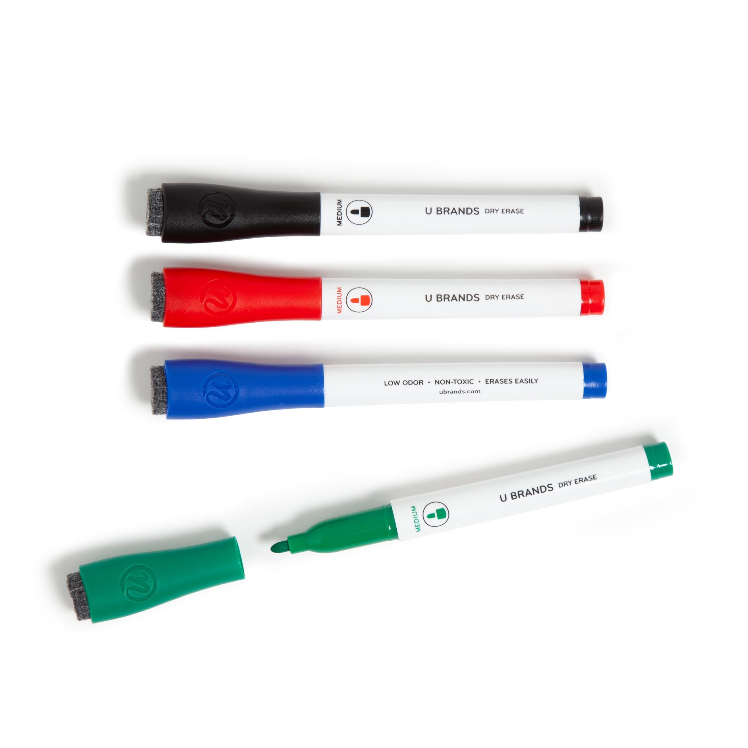 U Brands Fine Tip Dry Erase Markers with Eraser - 4 Pack Whiteboard Markers, Low Odor, Assorted Colors (Black, Blue, Red, Green) - Perfect for Office, Classroom, Home & Meeting Presentations