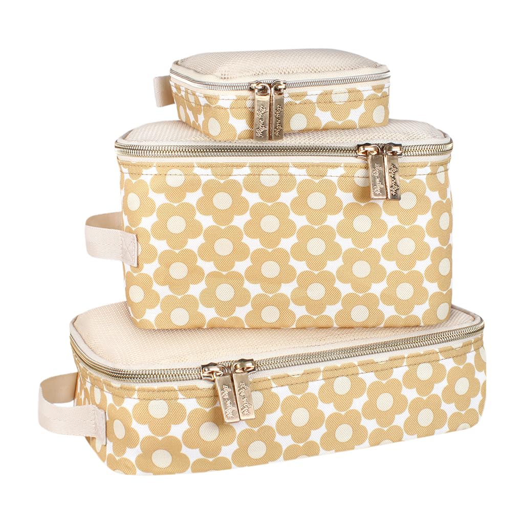 Itzy Ritzy 3-Piece Packing Cubes Set for Travel - Mesh Top, Double Zippers & Fabric Handle Organizers (Milk & Honey) - Perfect for Suitcase Organization, Business Trips & Vacation Packing