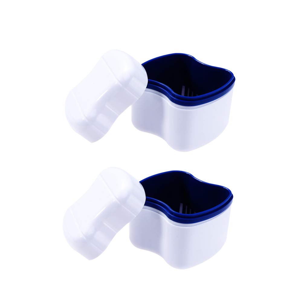 EXCEART 2-Pack Denture Storage Case with Cleaning Basket - Retainer Box & False Teeth Container for Travel & Nighttime Use - Blue