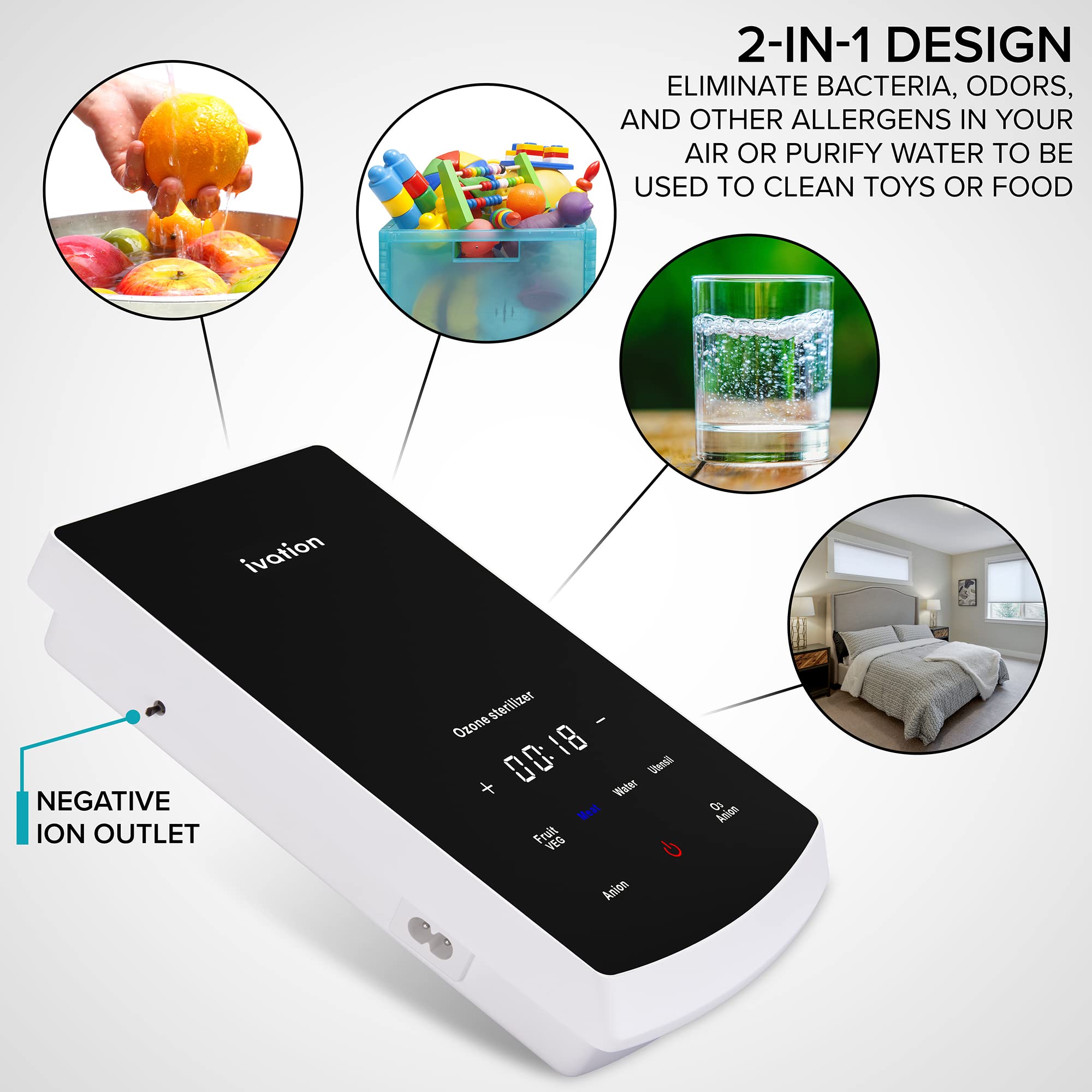 Ivation Portable Ozone Sterilizer for Air & Water Purification | Home & Travel Deodorizer, Disinfectant System with LED Panel, Ionizer & Diffuser Stones | Perfect for Baby Bottles, Toothbrushes, Fruits & Kitchen Sanitizing | Eliminates Odors & Bacteria Safely