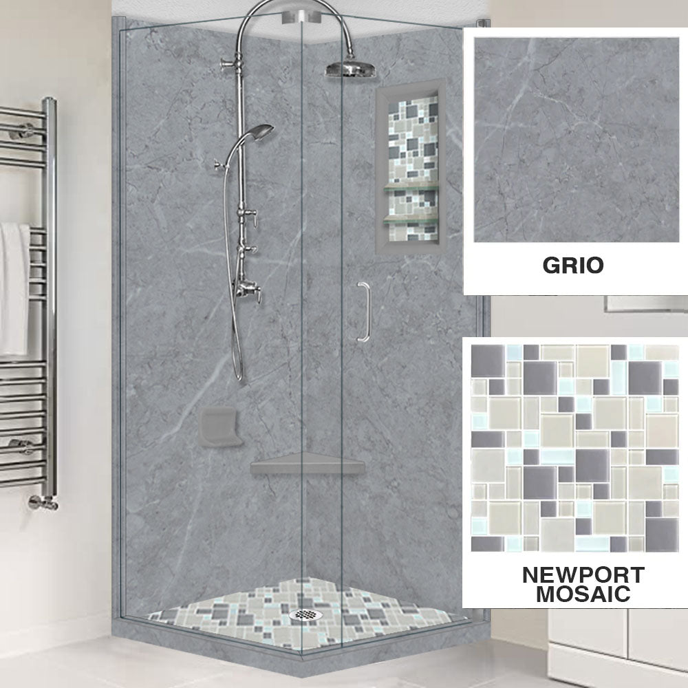 Grio Marble Newport Mosaic Corner Shower Enclosure Kit - Waterproof Bathroom Upgrade for Small Spaces, Modern Luxury Shower Solution