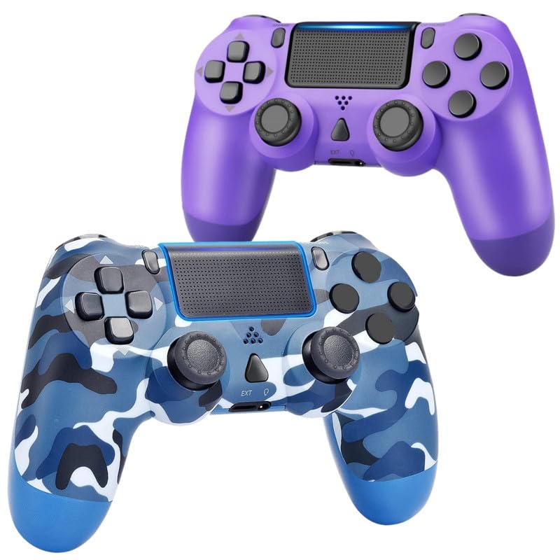 Wireless PS4 Controller 2 Pack with Motion Sensor, Audio Jack & Long Battery Life - Compatible with Playstation 4 & PC - Purple & Camo Blue Gaming Controllers for Multiplayer & Competitive Gaming