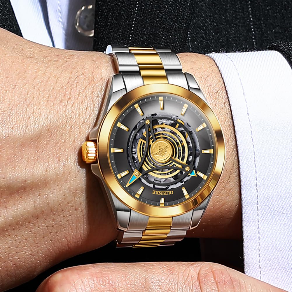Premium OUINKEE Men's Skeleton Automatic Mechanical Watch - Self-Winding Luxury Dress Watch with Black Tungsten Case, Sapphire Crystal, Luminous Hands & Waterproof Design | Perfect for Business, Formal Events & Everyday Elegance