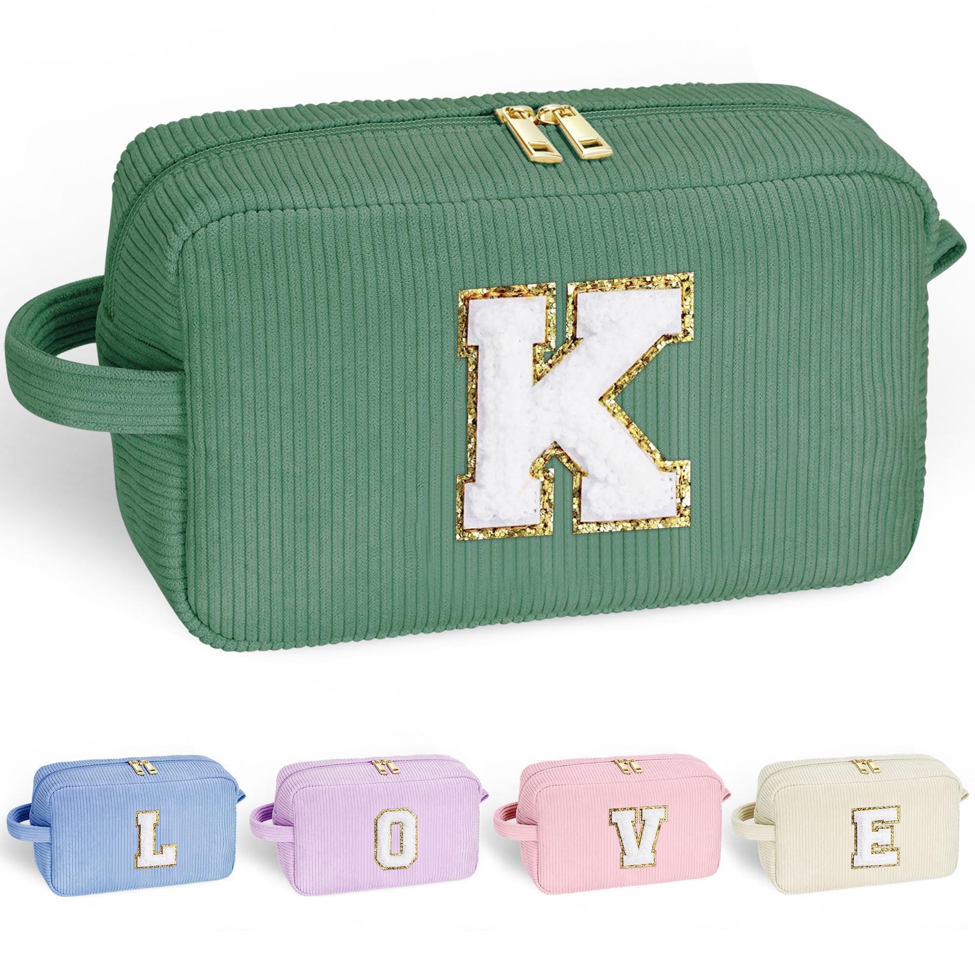 YOOLIFE Personalized Travel Makeup Bag for Women - Initial Letter Cosmetic & Brush Organizer, Green Makeup Pouch, Best Friend Birthday Gift for Her | Perfect for Travel, Gym, and Daily Beauty Essentials