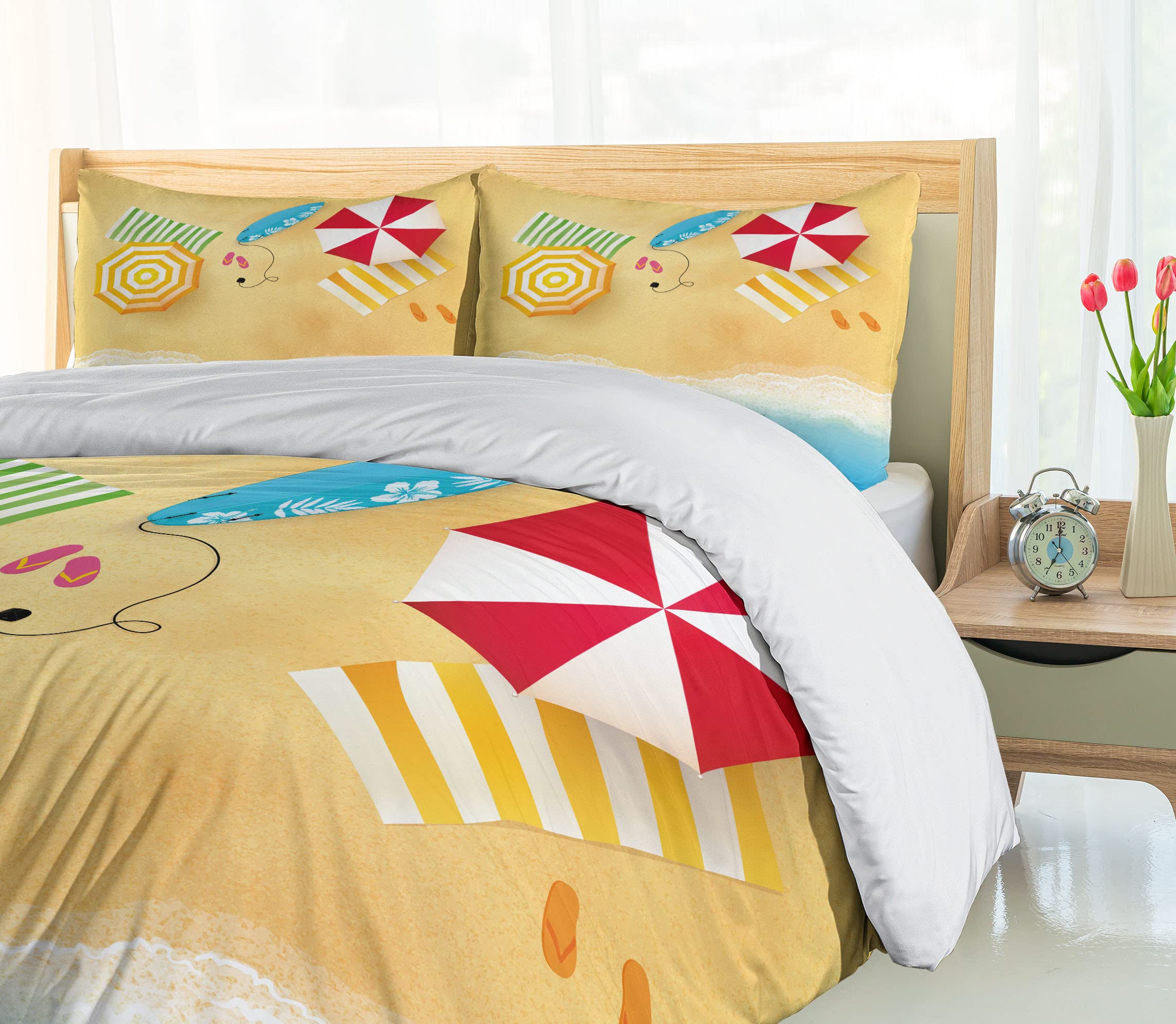 Ambesonne Beach Duvet Cover Set - Queen Size 3 Piece Coastal Bedding with Wave & Umbrella Design, Summer Themed Decorative Comforter Cover & 2 Pillow Shams | Perfect for Beach House Decor, Vacation Rental Bedrooms & Coastal Themed Master Suites