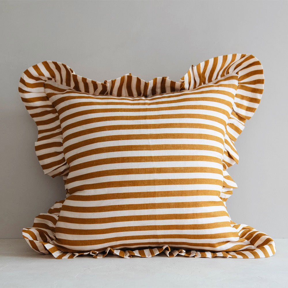 Linen Pillow Cover - Ochre Candy Stripe Pattern - Soft & Breathable Decorative Pillowcase for Sofa, Bed, Couch - Home Decor & Living Room Accessories