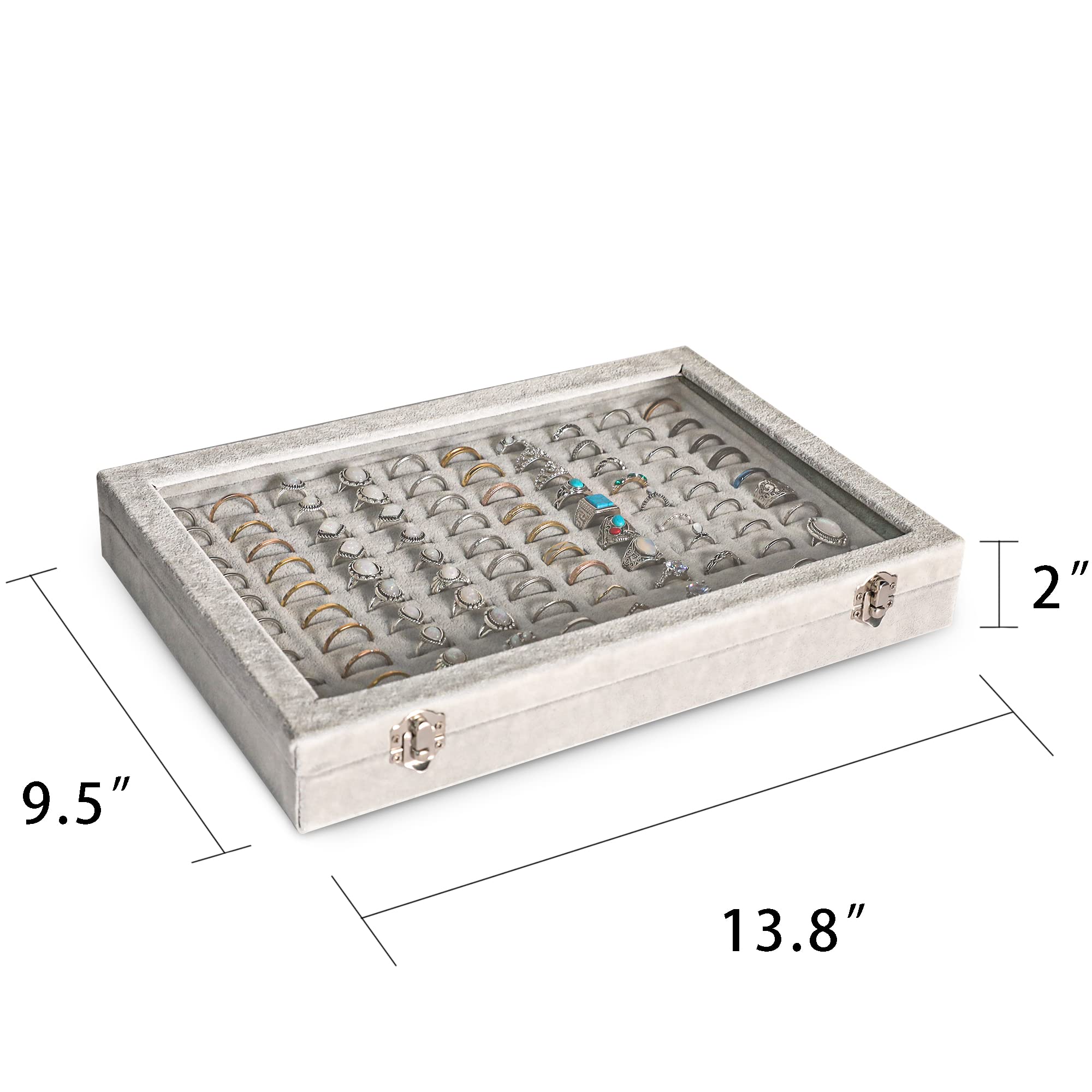 Frebeauty 100-Slot Ring Organizer Tray with Clear Lid - Velvet Jewelry Storage Box & Display Case for Women & Girls (Black/Grey) - Perfect for Home, Travel, and Jewelry Shop Organization