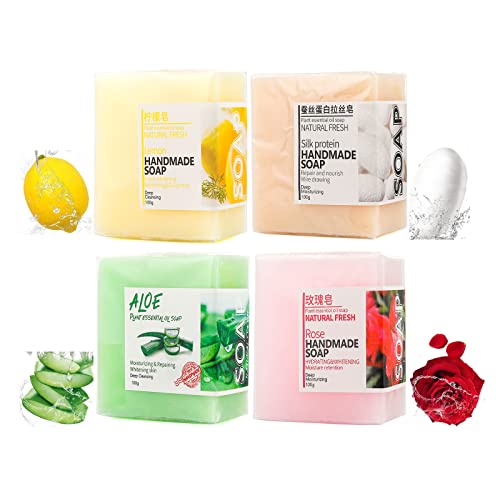 Natural Handmade Bar Soap for Men & Women - 4pc Variety Pack with Aloe, Lemongrass, Rose & Goat Milk (3.53oz each) - Gentle Face & Body Cleansing Soap for Dry, Sensitive Skin - Perfect for Shower, Bath & Travel