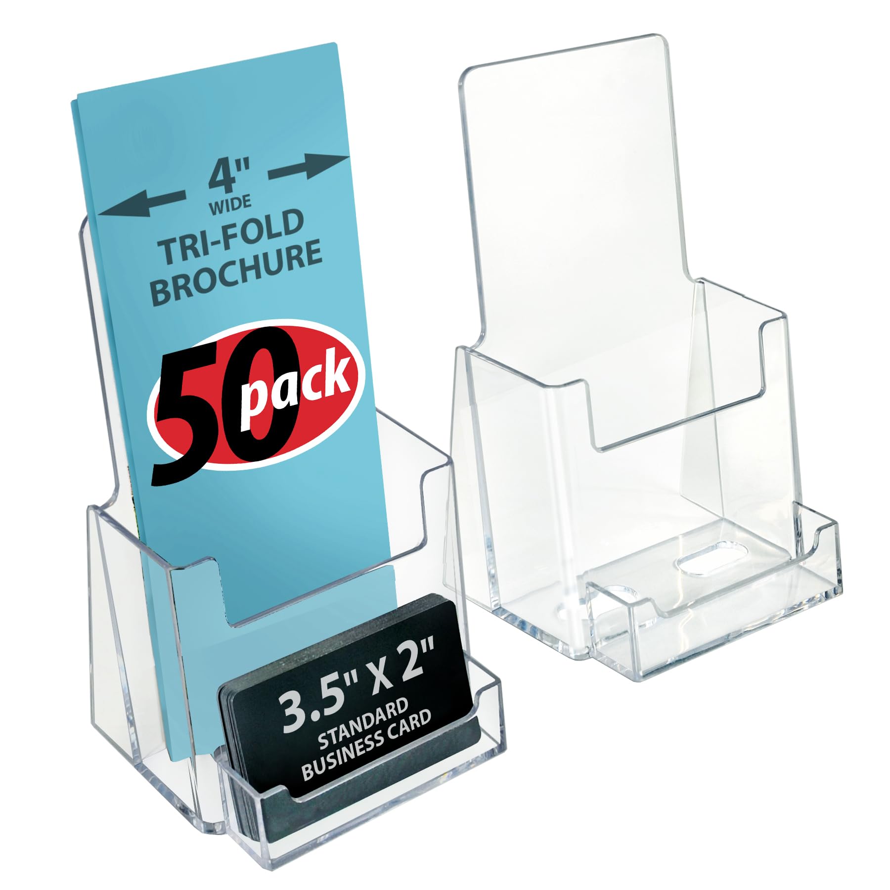 Azar Displays 252922-50PK Clear Counter Trifold Brochure Holder with Horizontal Business Card Slot & Gift Card Pocket - 50 Pack for Retail Stores, Restaurants & Hotels