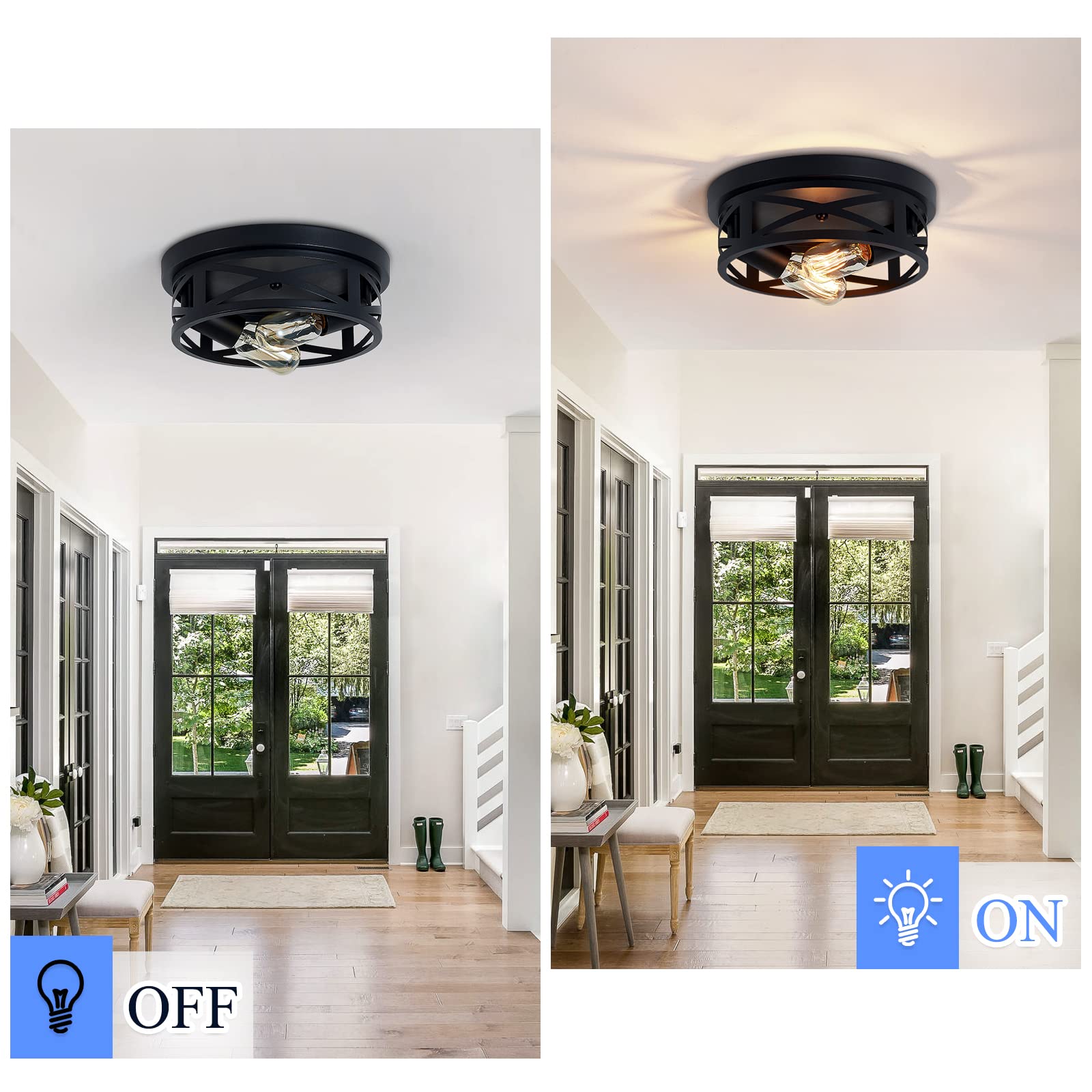 Black Flush Mount Ceiling Light Fixture - 2 Pack Modern Farmhouse Lighting for Hallway, Kitchen & Bedroom - Energy Efficient LED Compatible - Easy Installation Indoor Ceiling Lights for Home Decor