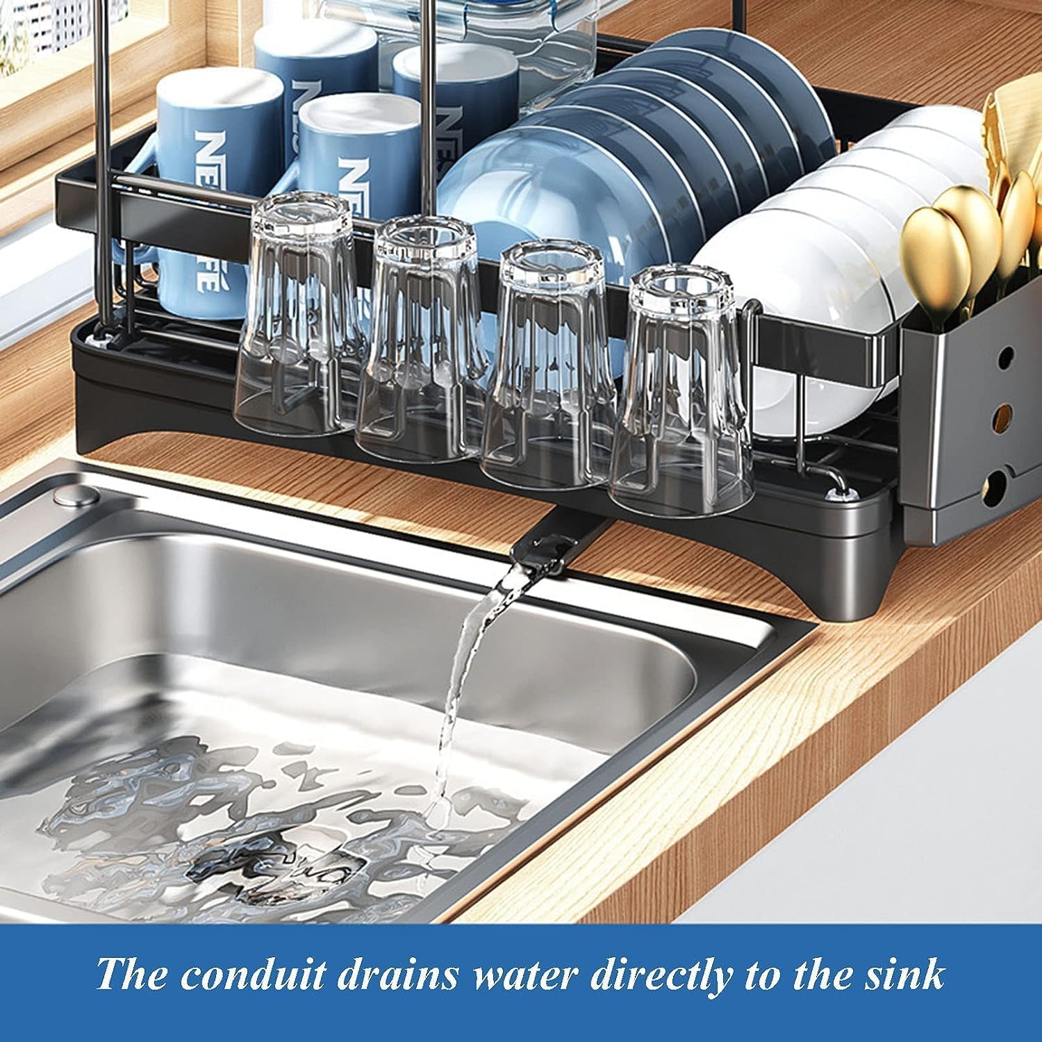 2-Tier Stainless Steel Dish Drying Rack with Drainboard - Large Sink Organizer with Cup & Utensil Holders - Space Saving Kitchen Counter Dish Strainer Shelf (Black) - Perfect for Small Kitchens, Apartments & Dishwashing Organization