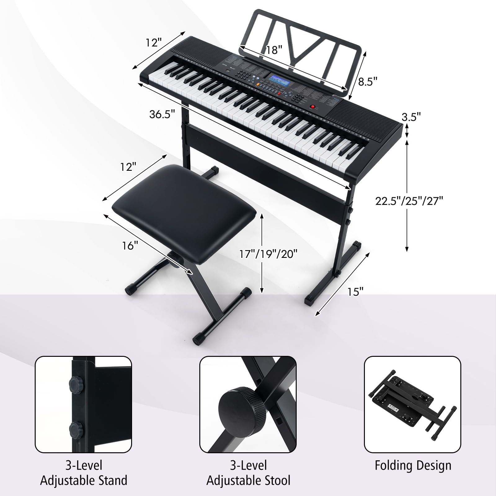 HONEY JOY 61-Key Electronic Keyboard Piano with Lighted Keys - 600 Tones, 400 Rhythms, Built-In Speakers - Complete Kit Includes Stand, Bench & Headphone/Microphone - Perfect for Beginners & Home Practice (Black) - Ideal for Music Lessons, Family Entertainment & Personal Learning