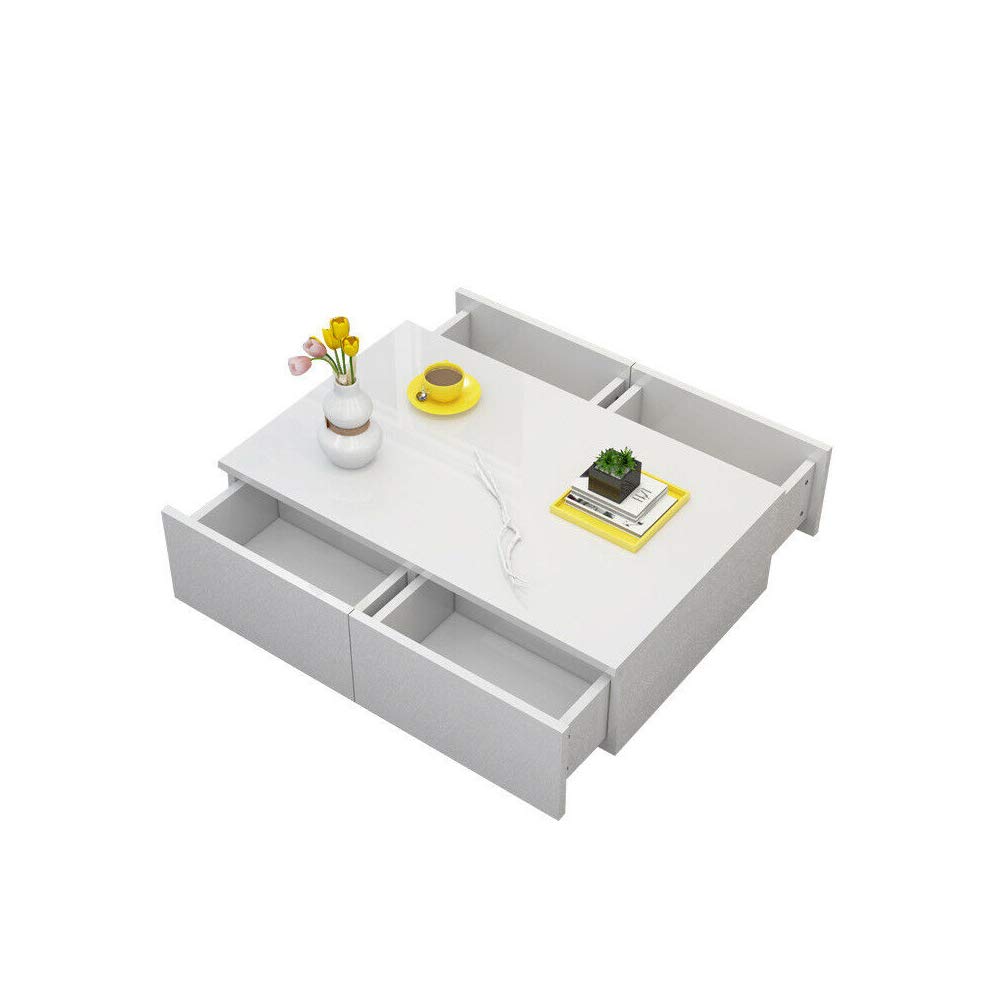 Modern White High Gloss Coffee Table with Drawer - 37.4