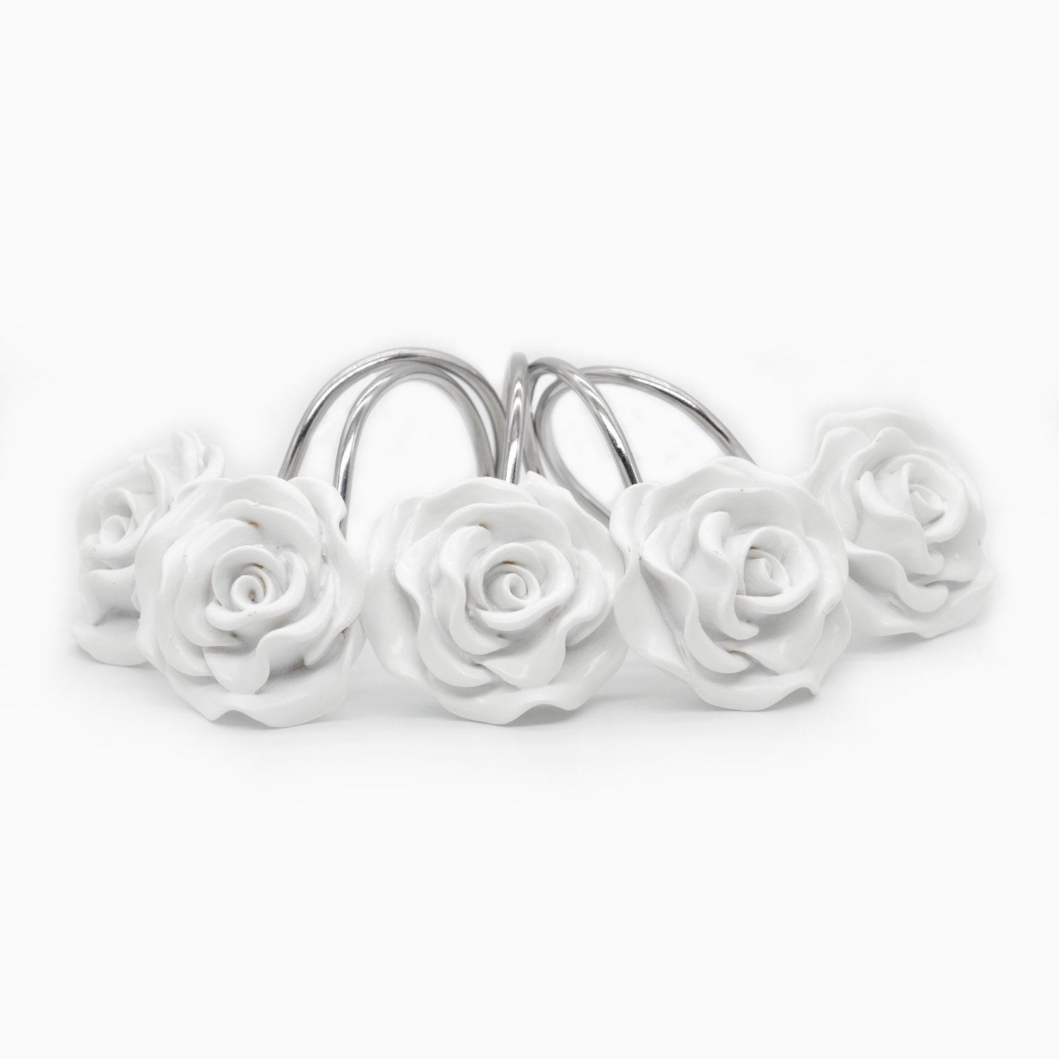 BEAVO 12 Pack Rustproof Resin Rose Flower Shower Curtain Hooks - Decorative Bathroom Accessories for Shower Rods & Curtains, White - Perfect for Home, Hotel, and Spa Decor