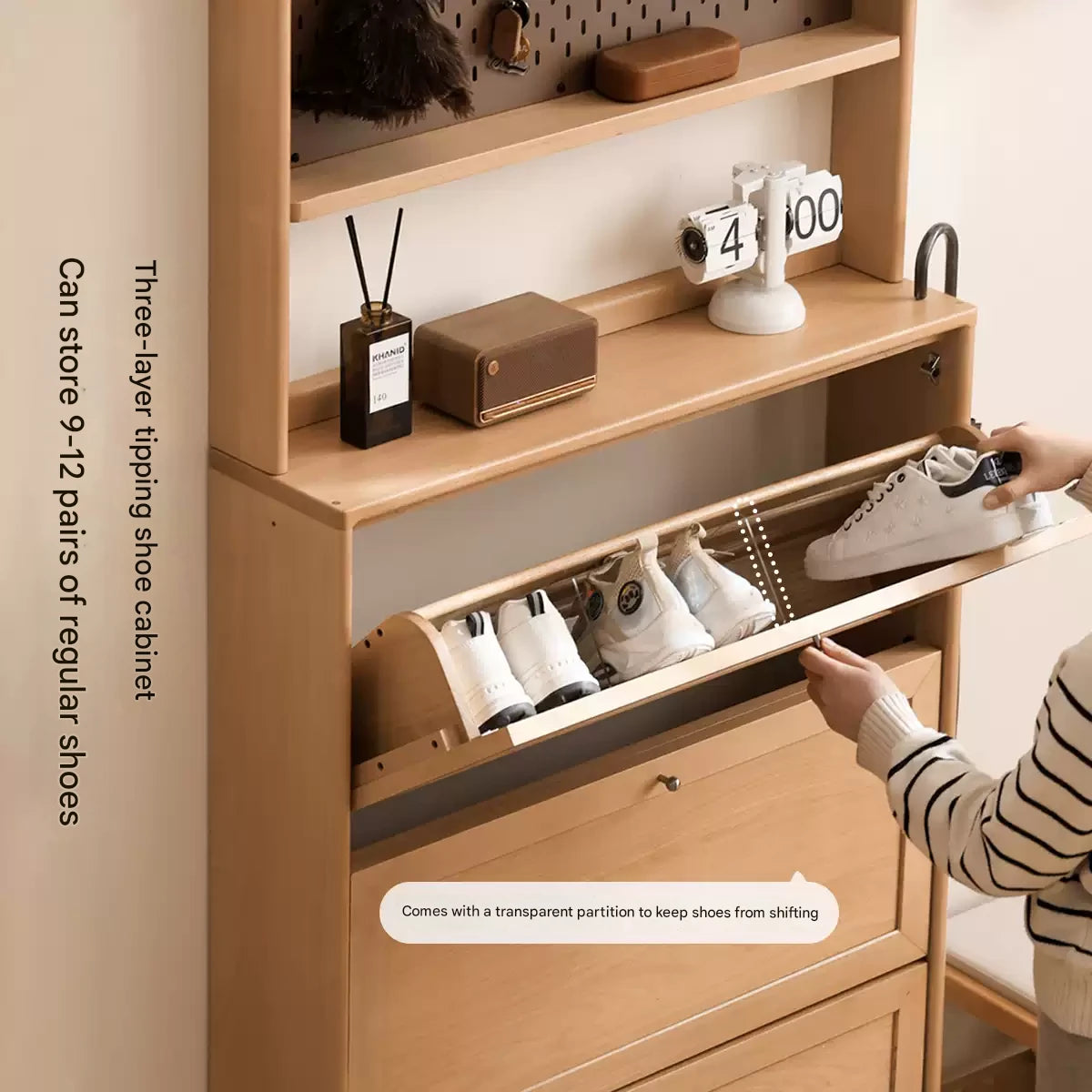 Beech Solid Wood Ultra Thin Flip Shoe Cabinet - Space Saving Shoe Storage for Entryway, Closet & Small Apartments