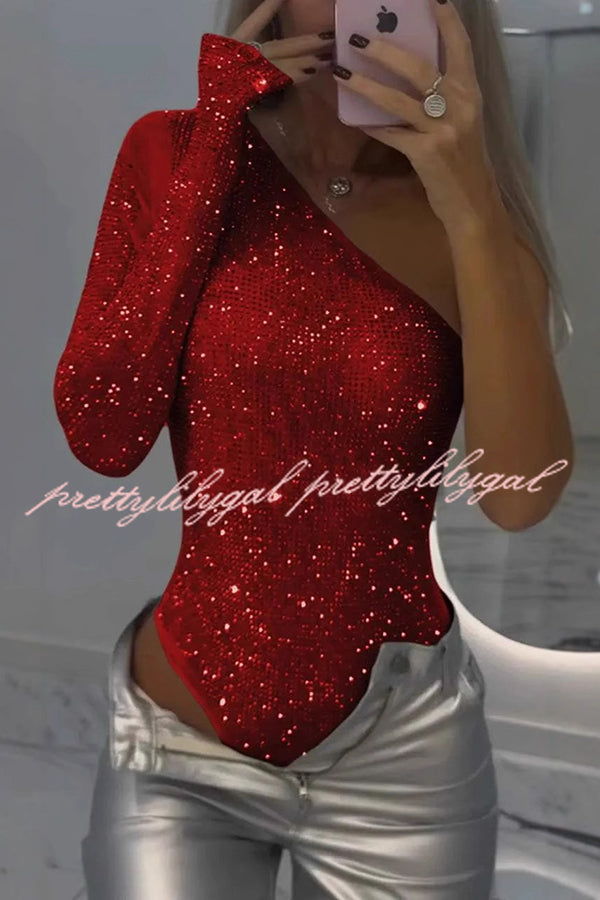Elegant Solid Color Sequined One Shoulder Slim Fit Romper for Women - Perfect for Parties, Night Out, and Special Occasions