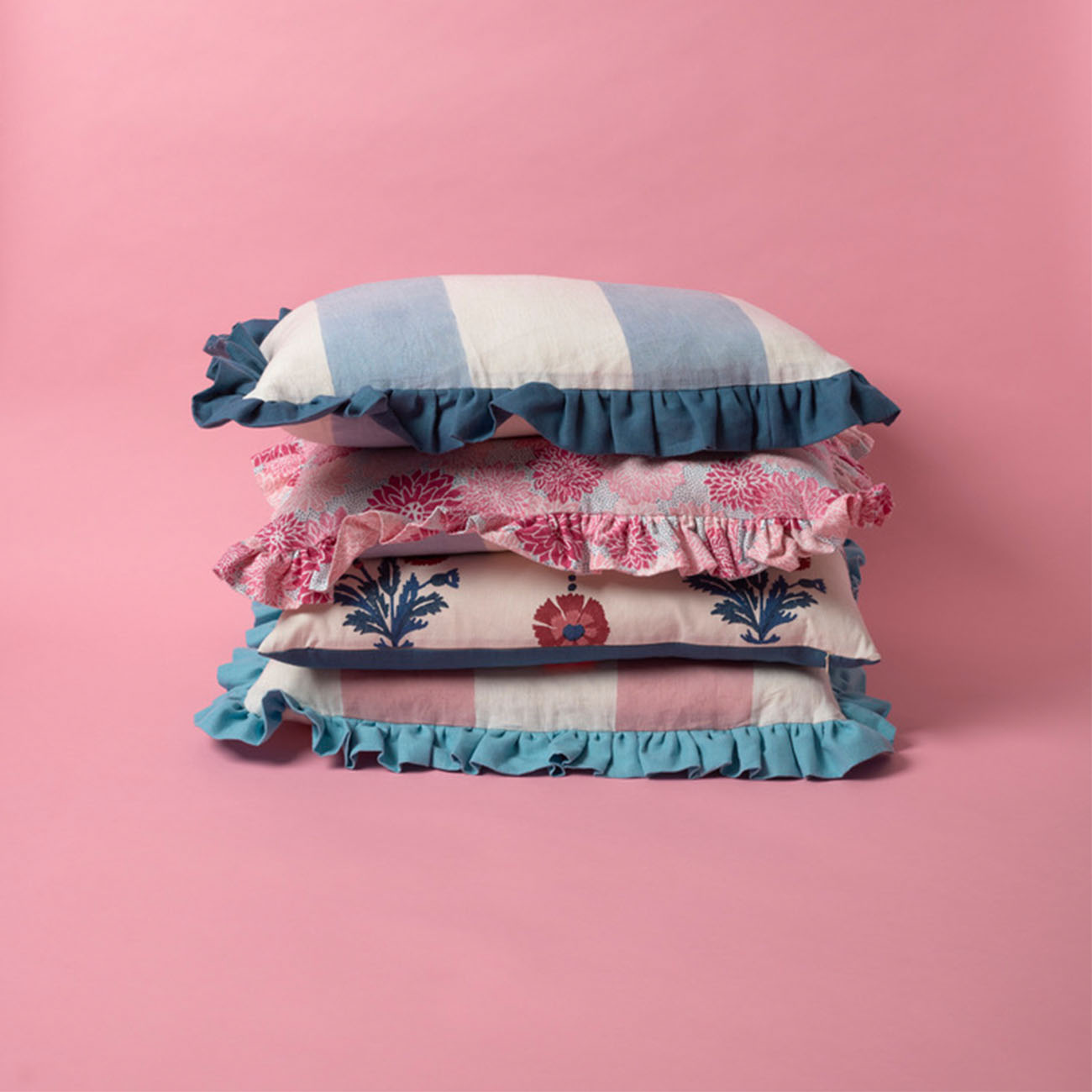 Blue Wide Stripe Cushion with Frill - Perfect for Sofa, Bed, and Home Decor