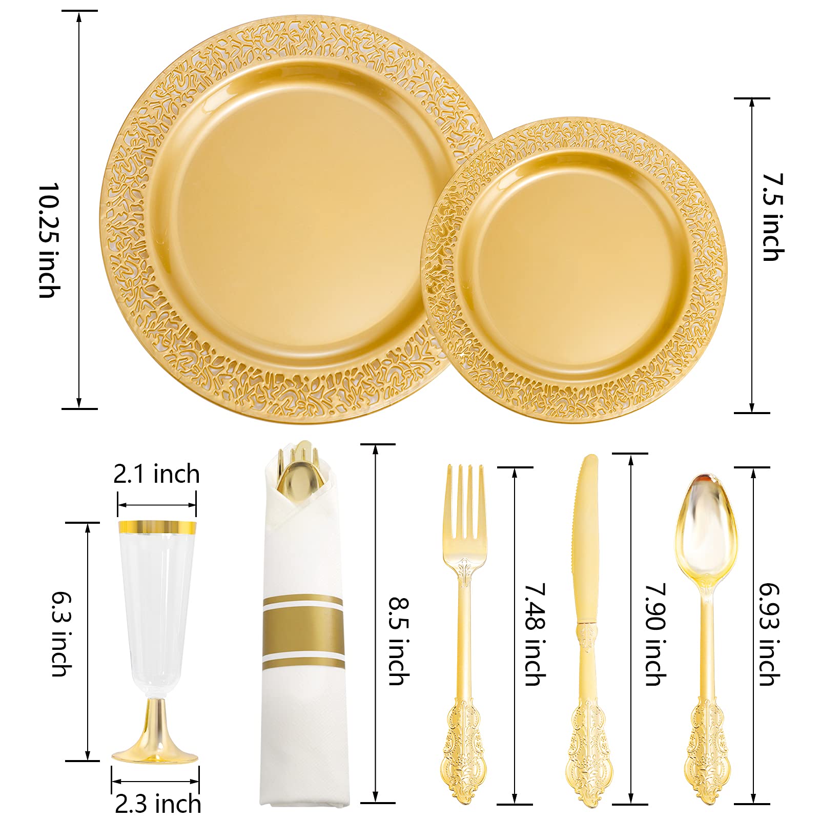DaYammi 210-Piece Gold Disposable Party Tableware Set - 30 Dinner Plates, 30 Dessert Plates, 30 Cups & 30 Napkins with Cutlery - Elegant Gold Plastic Plates & Silverware for Weddings, Birthdays, Baby Showers & Special Events