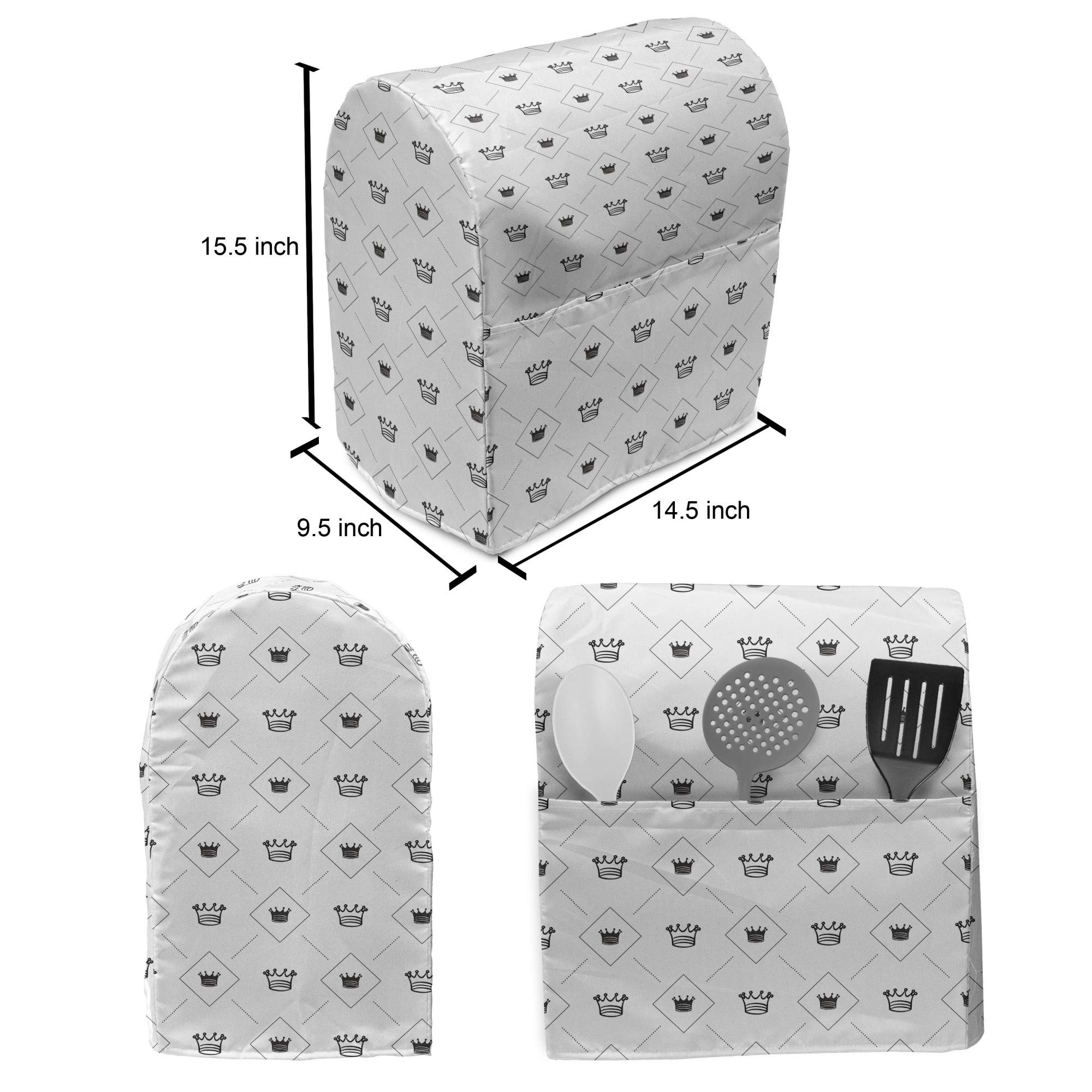 Ambesonne Abstract Stand Mixer Cover - Minimalist Modern Crowns & Dots Design, 6-8 Quart Kitchen Appliance Organizer with Pocket in Black & White | Perfect for Kitchen Countertop Storage & Mixer Protection