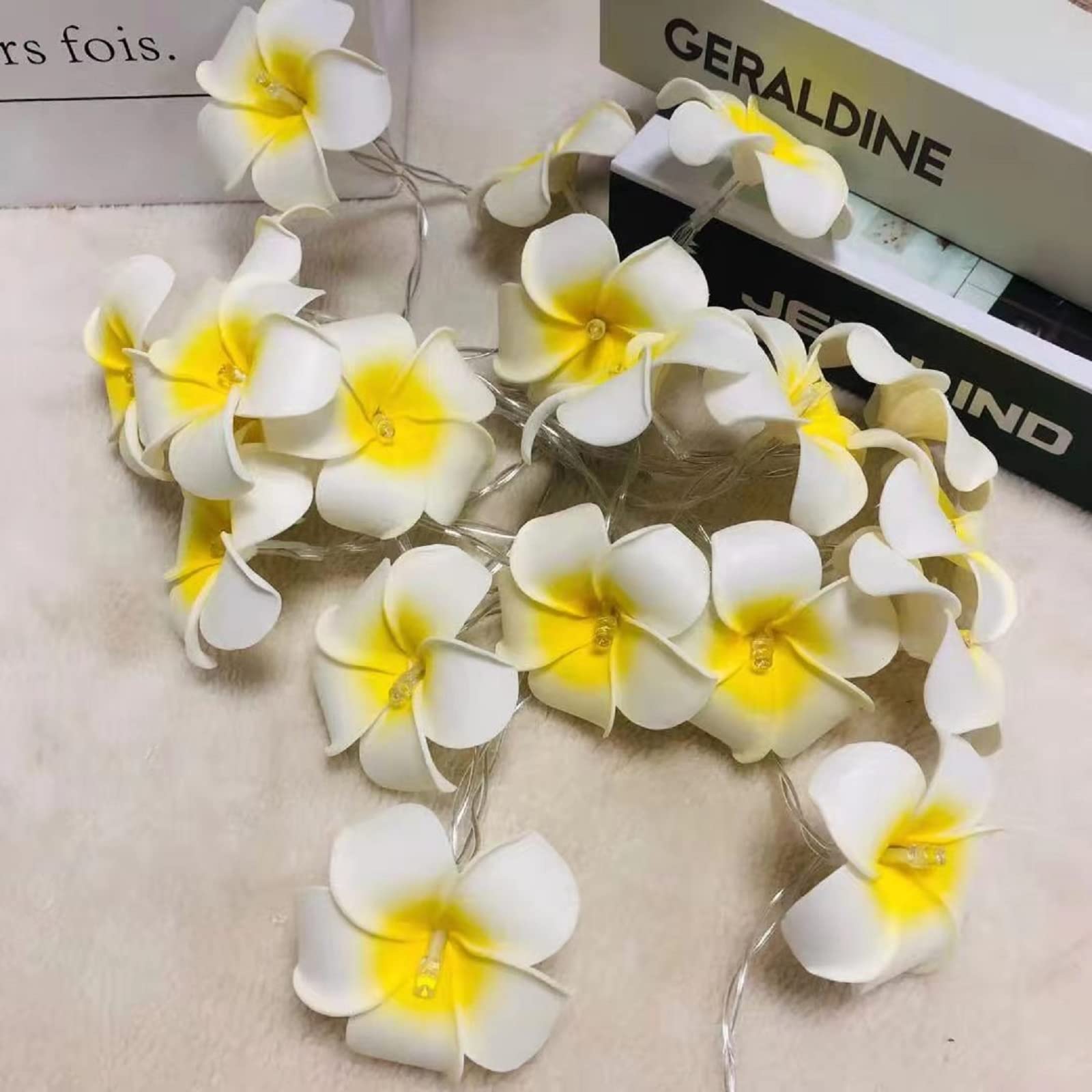 Battery Powered Artificial Plumeria String Lights - 40LED White Frangipani Flower Garland for Wedding, Beach Party, Garden & Patio Decor - Waterproof Fairy Lights for Outdoor & Indoor Use