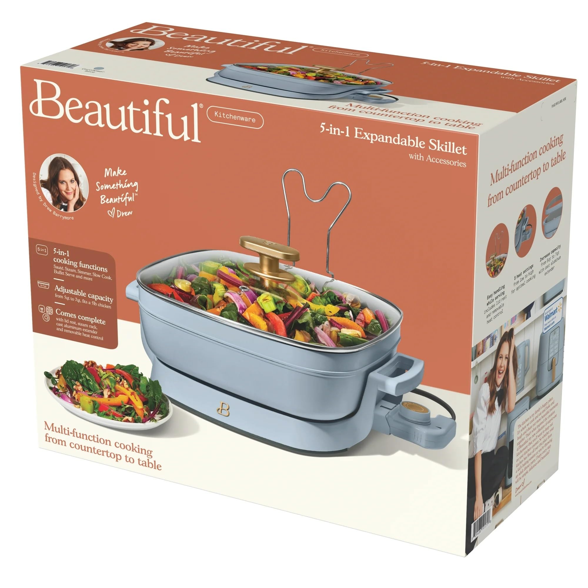 5-in-1 Electric Skillet with Glass Lid - Expandable to 7 Qt, Nonstick Ceramic Cookware Set by Drew Barrymore (Cornflower Blue) - Perfect for Frying, Sautéing, Steaming, Slow Cooking & More in Small Kitchens