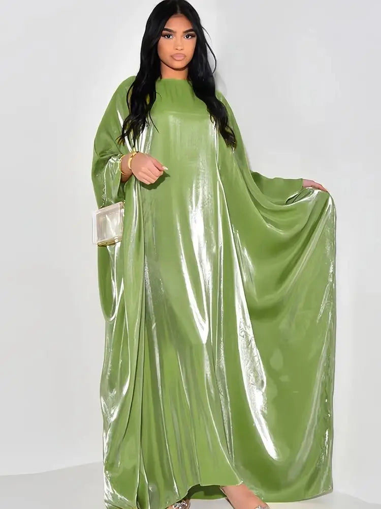 Elegant Batwing Sleeve Satin Abaya Dress for Women - Modest Muslim Prayer Dress for Eid, Wedding & Special Occasions
