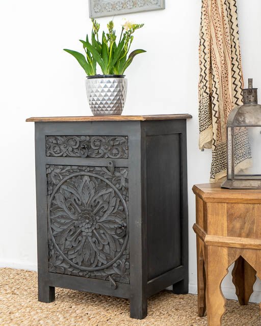 Handmade Charcoal Nightstand - Solid Wood Bedside Table with Hand Carved Design | Perfect for Bedroom, Living Room & Guest Room Decor