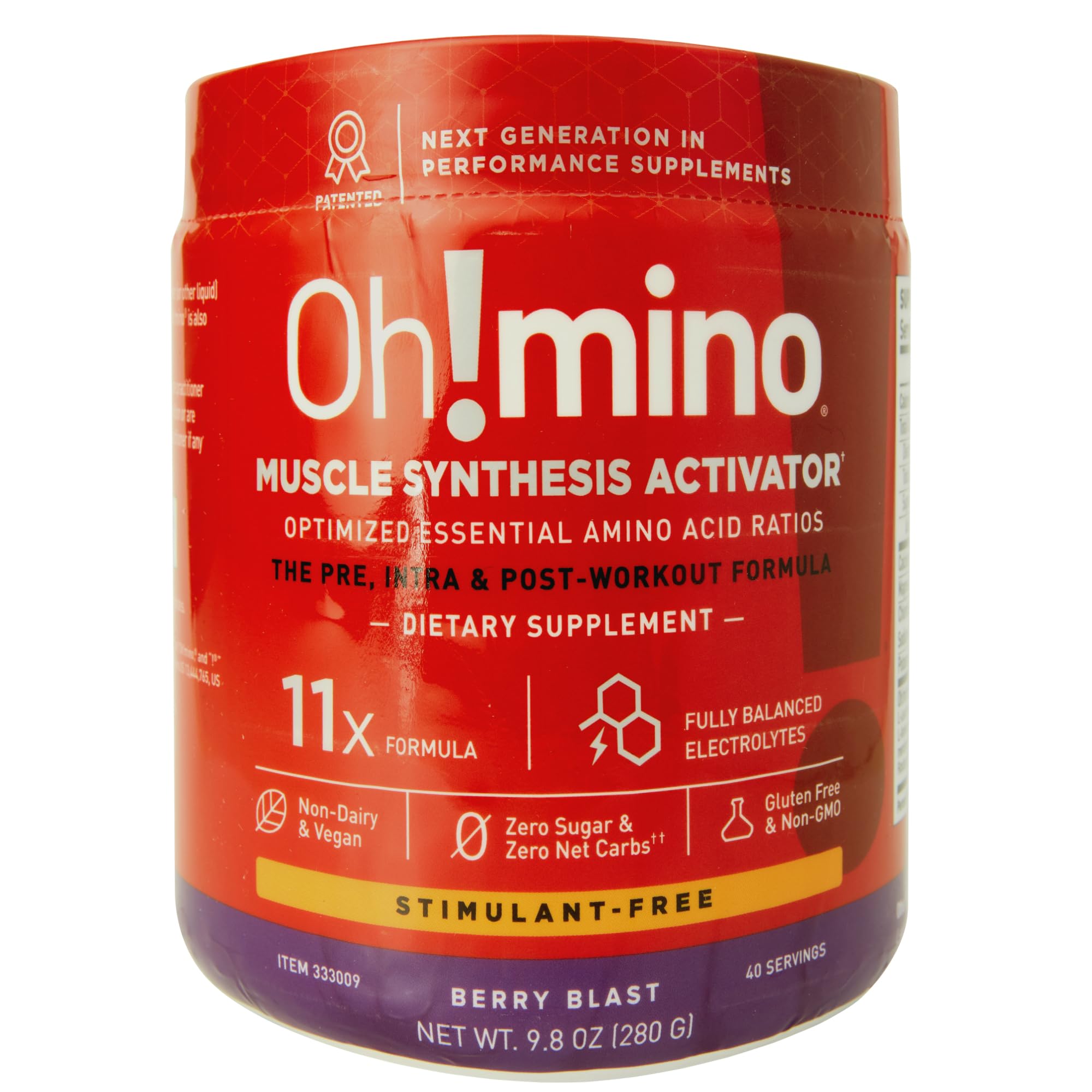 Oh!mino Amino Acids Powder - BCAAs Supplement for Muscle Gain, Pre & Post Workout Recovery - Vegan, Non Caffeine, Dairy Free, Zero Sugar & Low Carb - 40 Servings (Berry Blast) - Perfect for Gym, Fitness & Bodybuilding Training