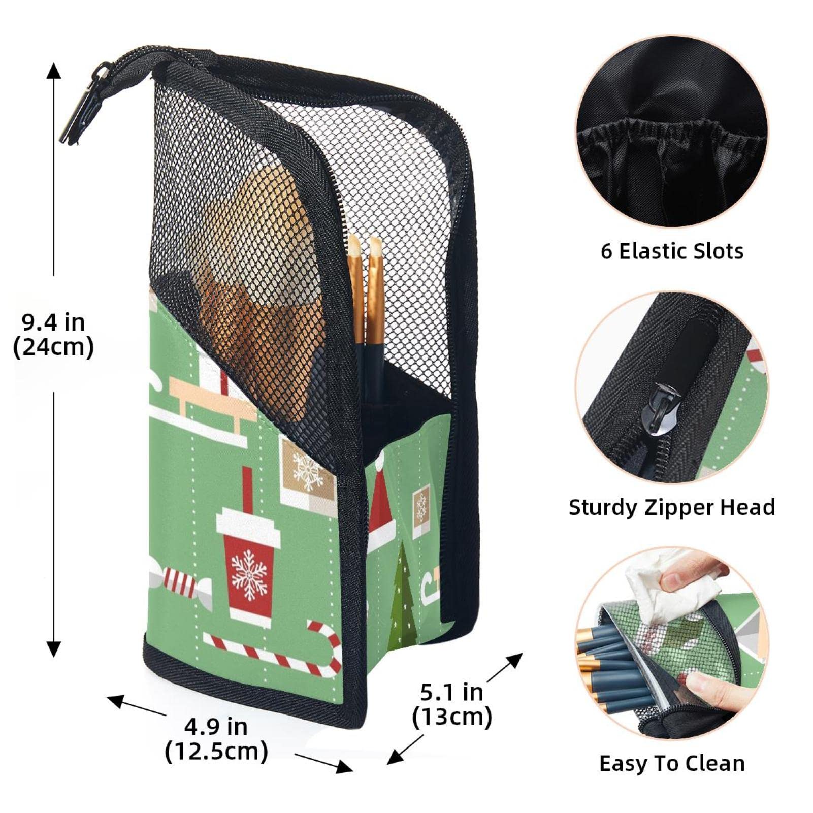 12-Piece Makeup Brush Organizer Bag with Portable Holder Case - Christmas Green Tree Design for Travel & Home Storage