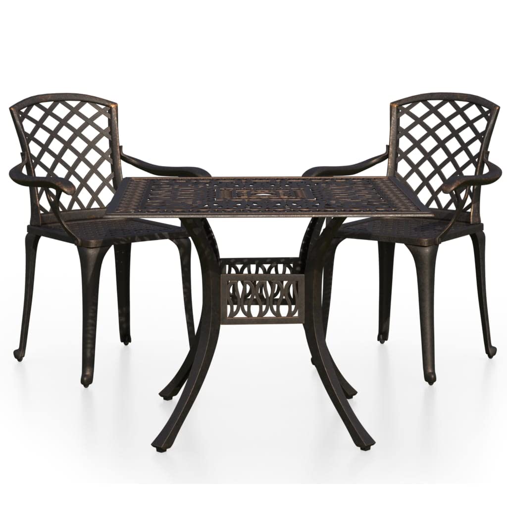 vidaXL 3-Piece Bronze Bistro Patio Set - Cast Aluminum Outdoor Furniture with Weather & Rust Resistant Table & Chairs - Includes Umbrella Hole - Perfect for Backyard, Garden, Poolside & Patio Dining