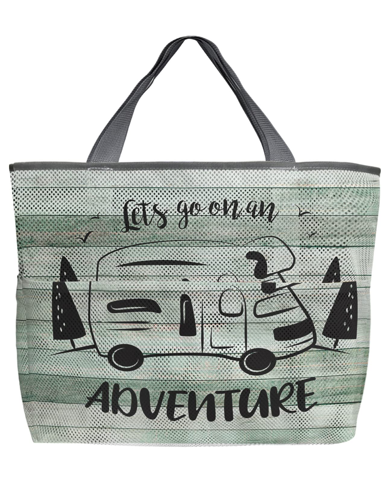 60L Oversized Mesh Beach Tote Bag - Quick Dry, Foldable & Lightweight with Pockets - Retro Wood Grain Design for Pool, Camping, Grocery Shopping & Travel Accessories (24