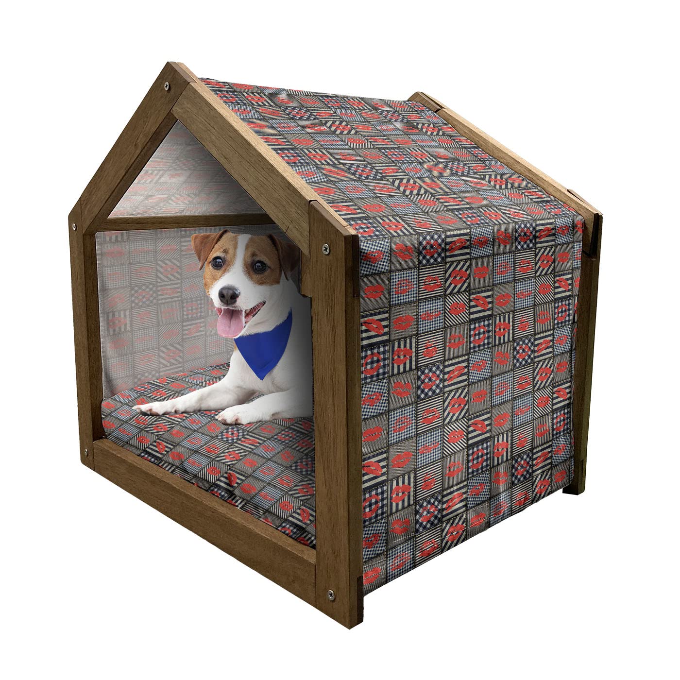 Ambesonne Colorful Wooden Dog House - Stylish Indoor & Outdoor Pet Kennel with Pillow & Cover, Large Size in Black & Red Houndstooth Pattern - Perfect for Home, Garden, or Travel Use