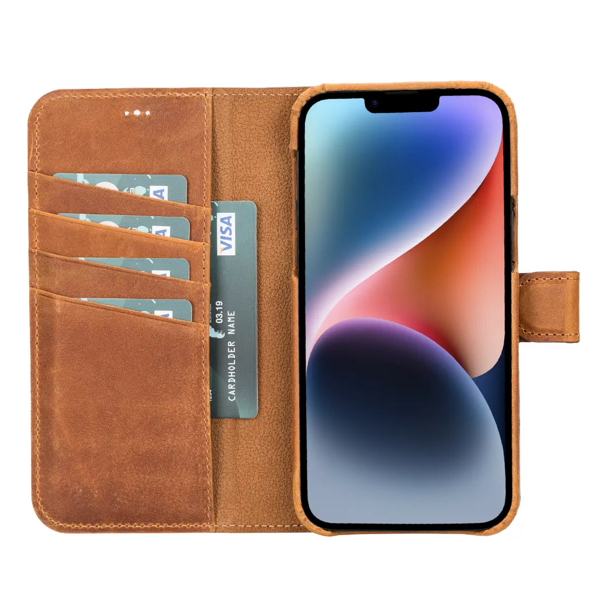 Premium Camel Brown Leather Magnetic Wallet Case for iPhone 14 Plus - Slim RFID Blocking Protection | Perfect for Business Travel & Everyday Use