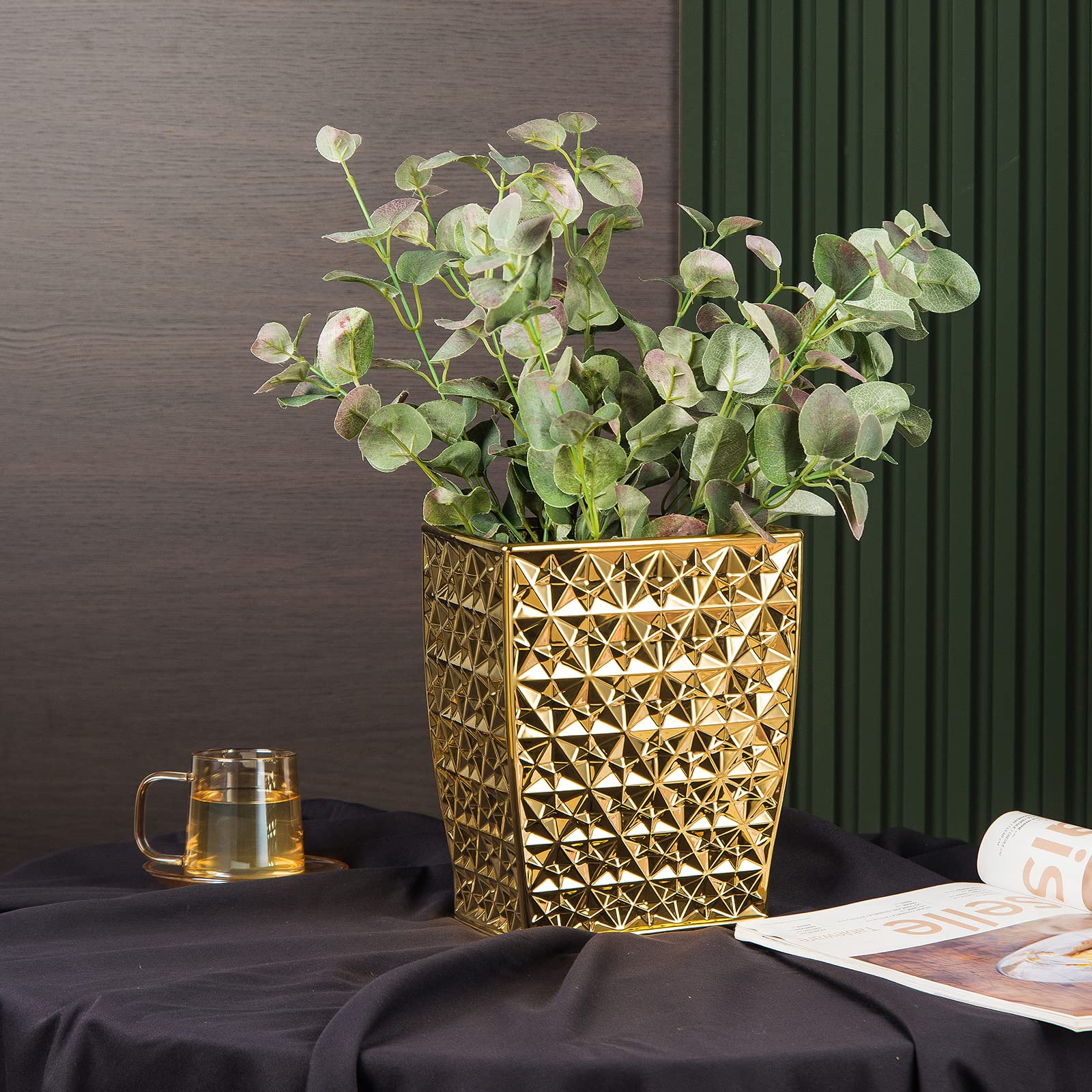 Premium Ceramic Gold Square Trash Can - Stylish Waste Bin for Kitchen, Bathroom, Bedroom, Home Office & Kids Room | Durable Garbage Container with Lid | Perfect for Modern Homes & Small Spaces